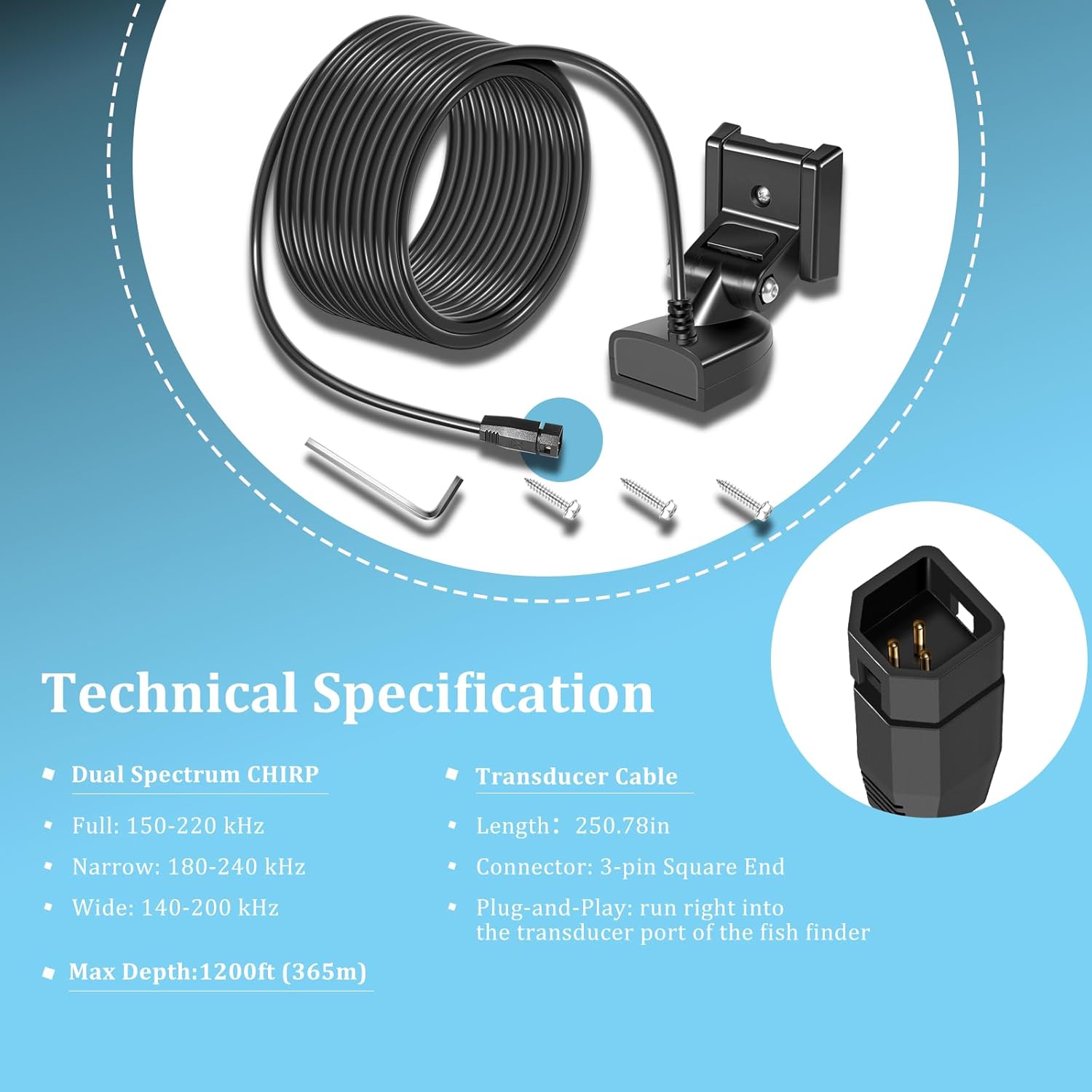 710274-1 XNT 9 HW T Transom Transducer Fit for Helix 5/7/8/9/10/12 with Dual Spectrum Chirp Sonar丨3-Pin End丨20-ft Cable 丨Built-in Temperature Sensor