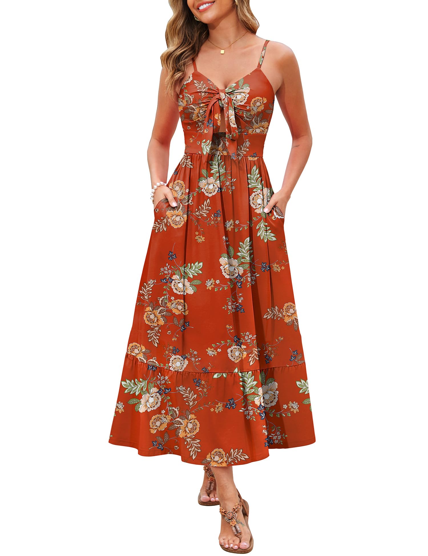 Kranda Women 2026 Summer Sundress High Waist Tie Front Spaghetti Strap Long Beach Floral Tiered Maxi Dress with Pockets