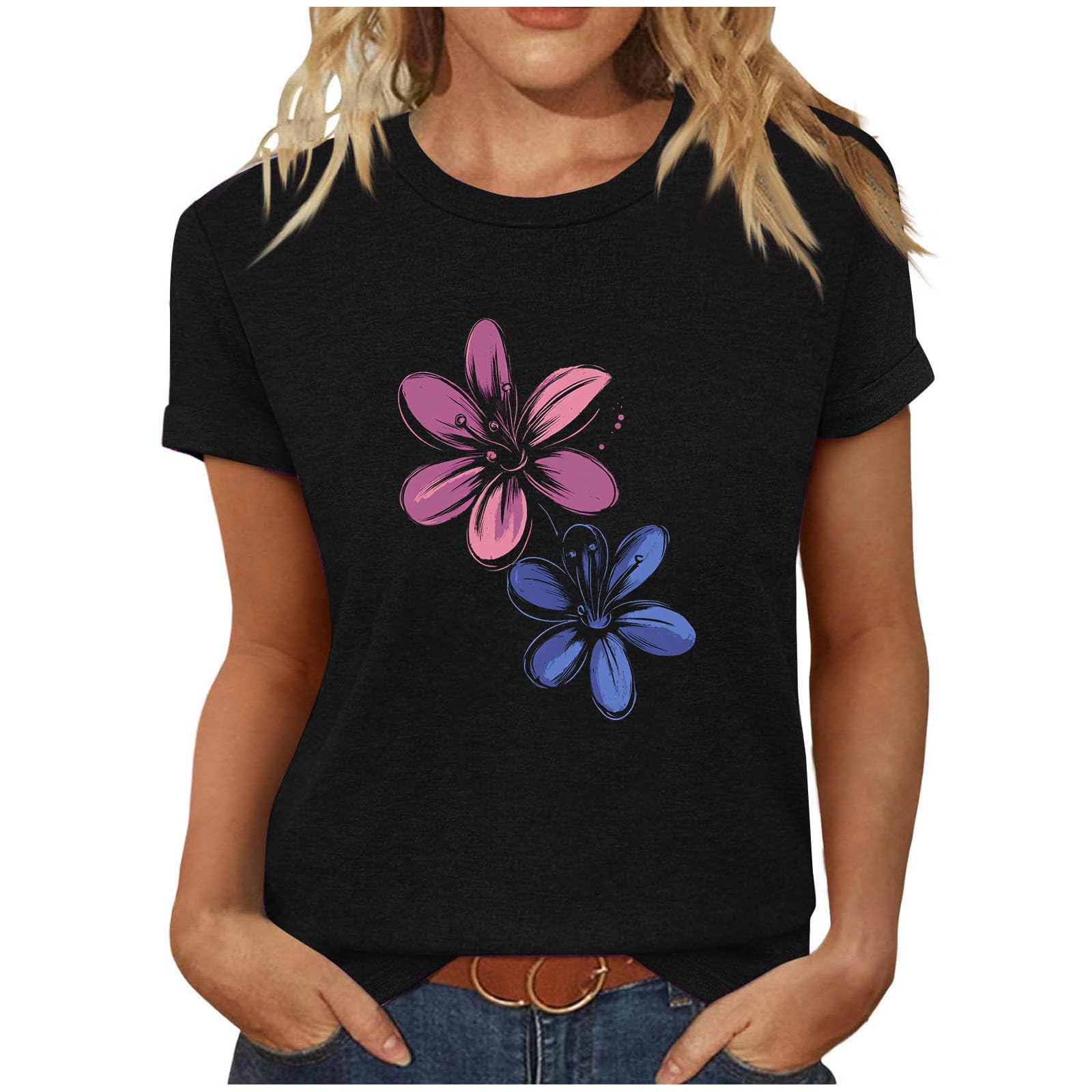 Camiseta Mujer Manga Corta Verano Estampado Floral Cuello Redondo Moda Suelto Casual Túnica Tops Algodón Fiesta Tshirt Camisa Elegante Cómodo Original Basic tee 2026
