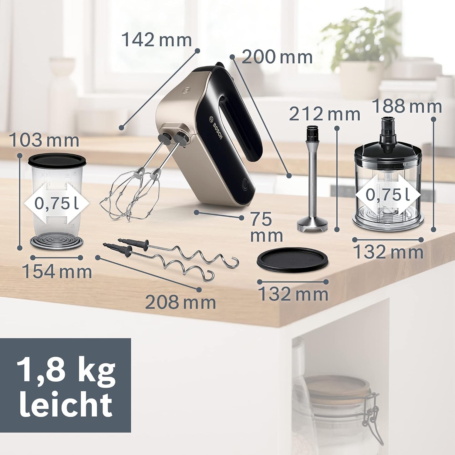 Bosch Hausgeräte MFQ4885DE 2 Rührbesen, 2 Edelstahl-Knethaken, Schwarz, 575 W