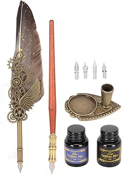 Amazon | 羽根ペンとインクセット、4つの交換可能なペン先フェザー描画