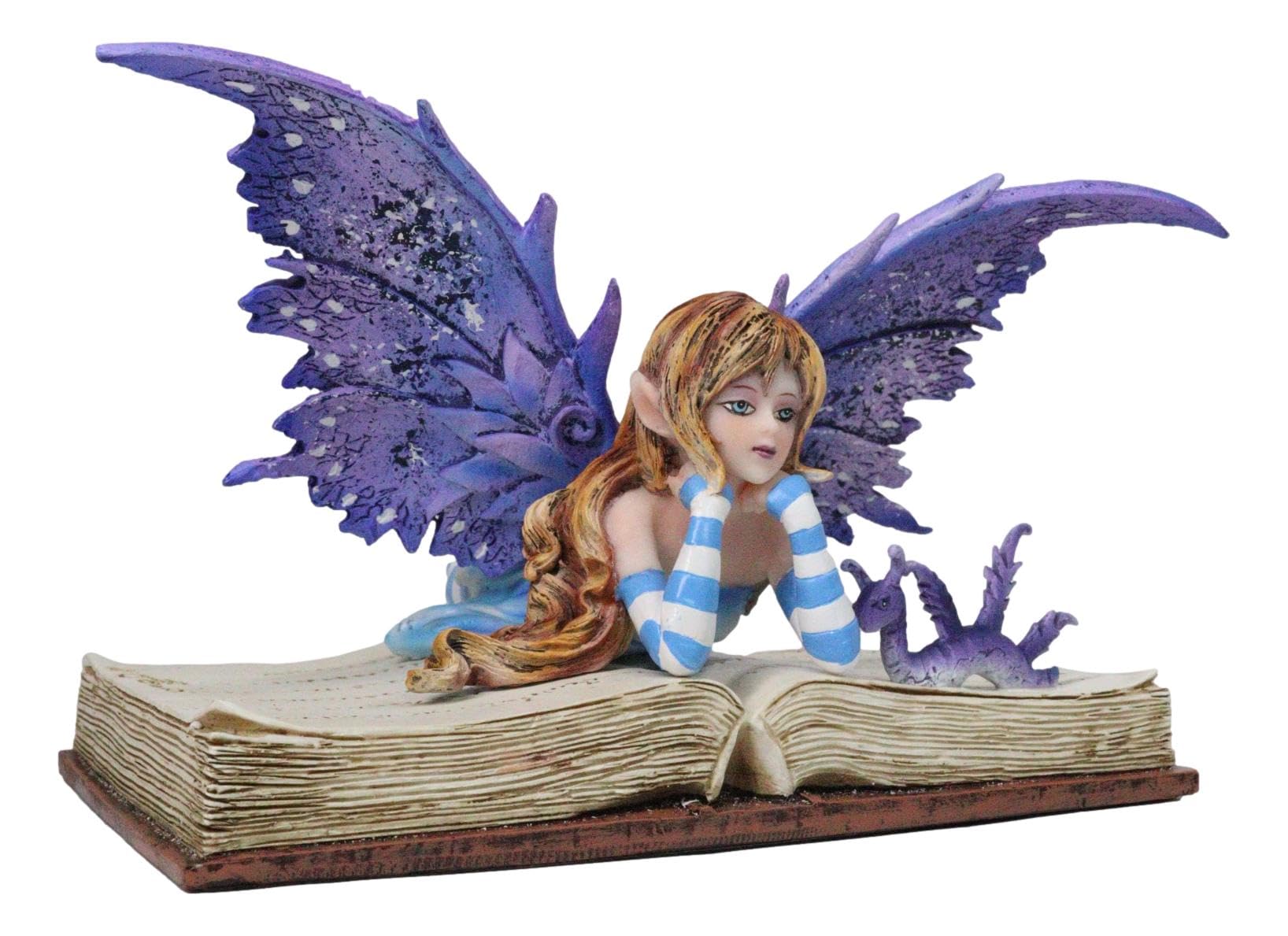 Ebros Amy Brown Purple Lavender Book Worm Fairy with Pet Dragon Statue 7.25" Long Fantasy Mythical Reading Faery FAE Magic Watercolor Collectible Decor Figurine