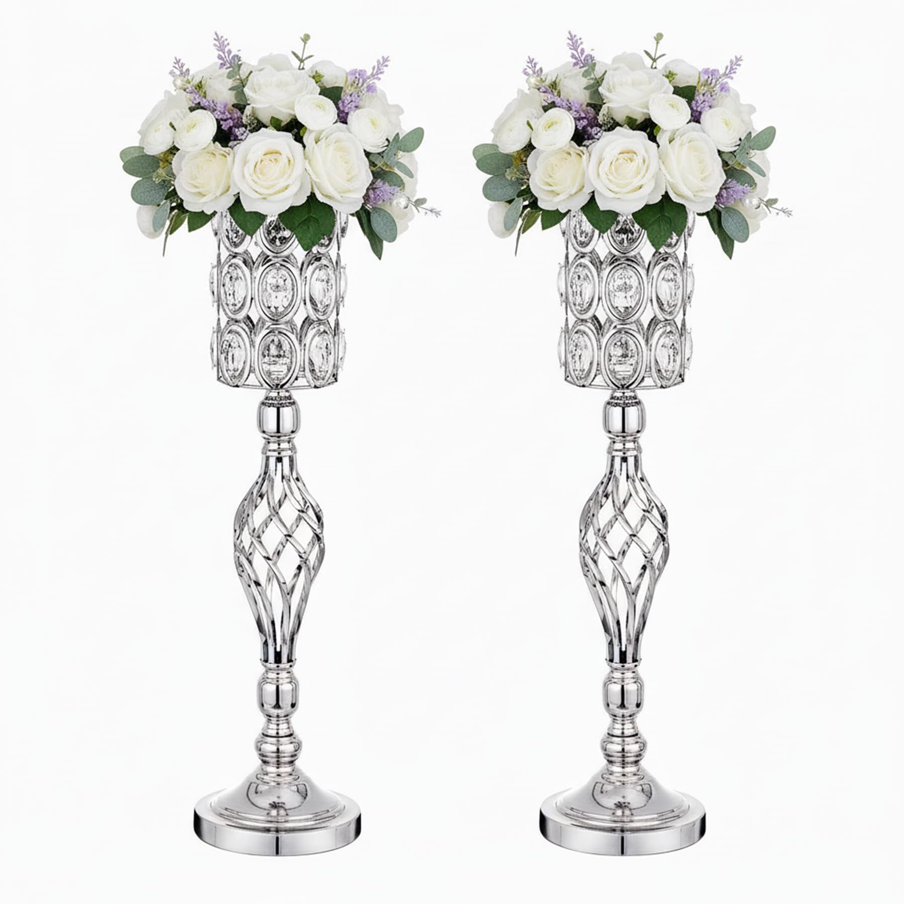 24in Metal Diamond Crystal Wedding Centerpiece Vases for Tables, Set of 2 Silver Versatile Tall Flower Holders Centerpiece Flower Stands for Wedding Party Reception Home Décor