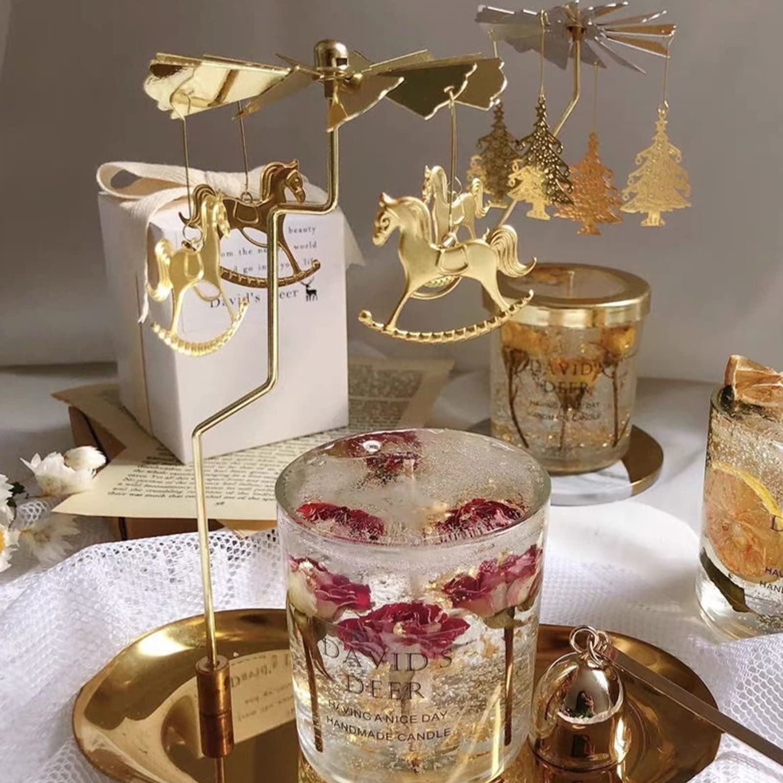 Yron Rotatifs Rotatif Pour Bougie – Bougeoir Bougie Chauffe-plat Carrousel Doré – Idéal Pour Les Mariages, Décoration De Maison, Table Et De Cadeaux, Fer, Boys And Girls, 3.15x5.12 Inch