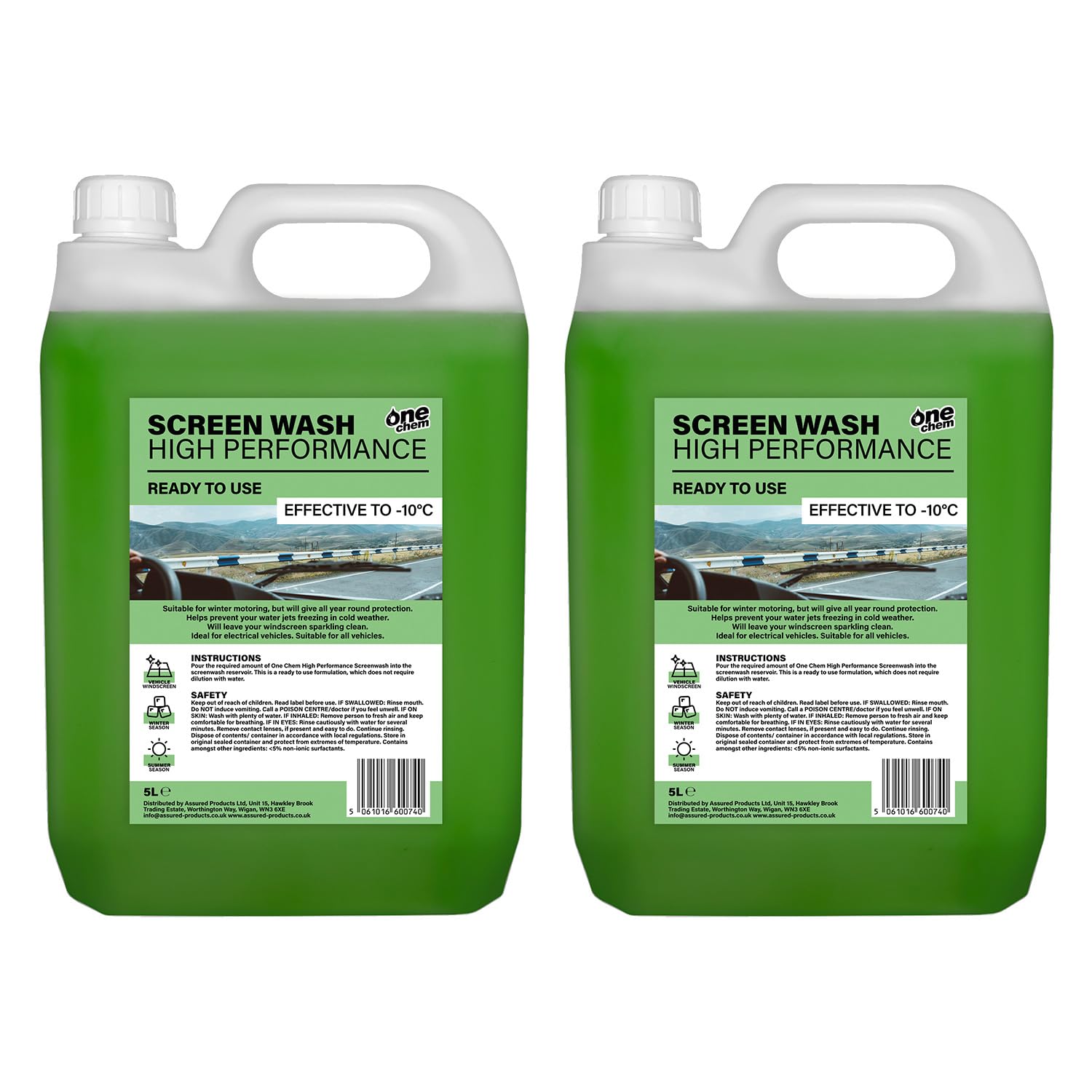 One Chem High Performance Screenwash 2 x 5 Litre, Effective down to -10°C, Suitable for Electric Cars