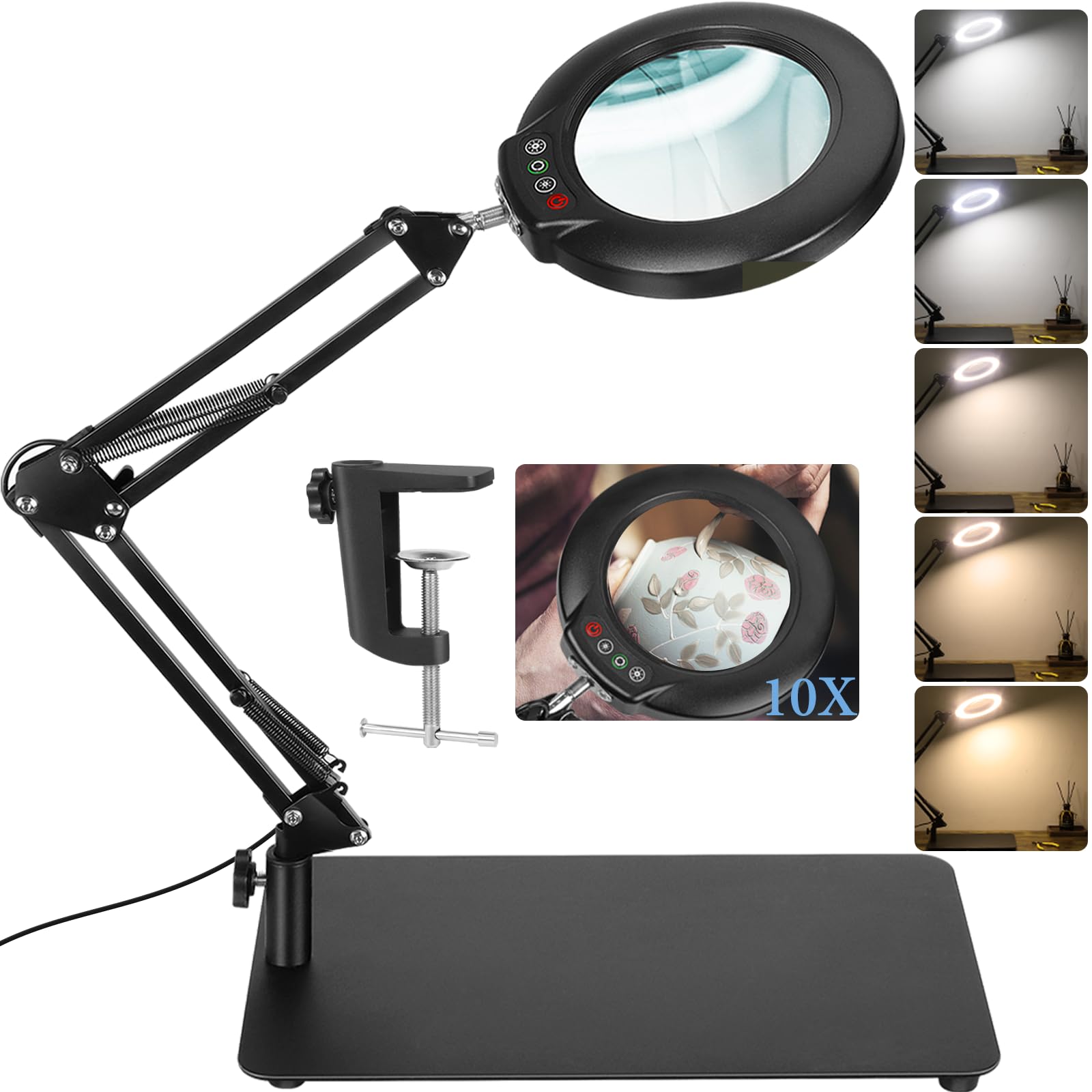Drdefi 10X Magnifying Glass with Light and Stand, 2-in-1 Magnifying Desk Lamp Rectangular Base & Clamp, 5 Color Modes Stepless Dimmable, LED Lighted Magnifier Hands Free for Painting Sewing Craft