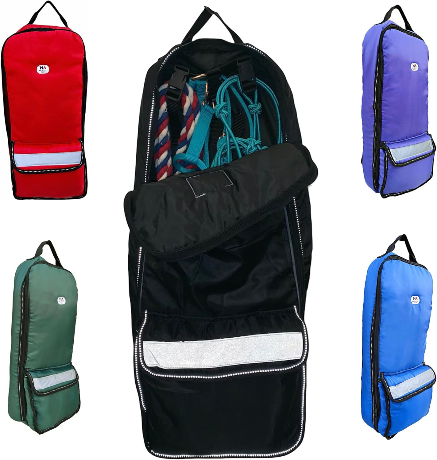 Majestic Ally Halter Bridle Carry Bag - Reflective, Padded with Front Large Pocket Tack Carry Bag to Keep Horse Tack Clean and Safe (Black)