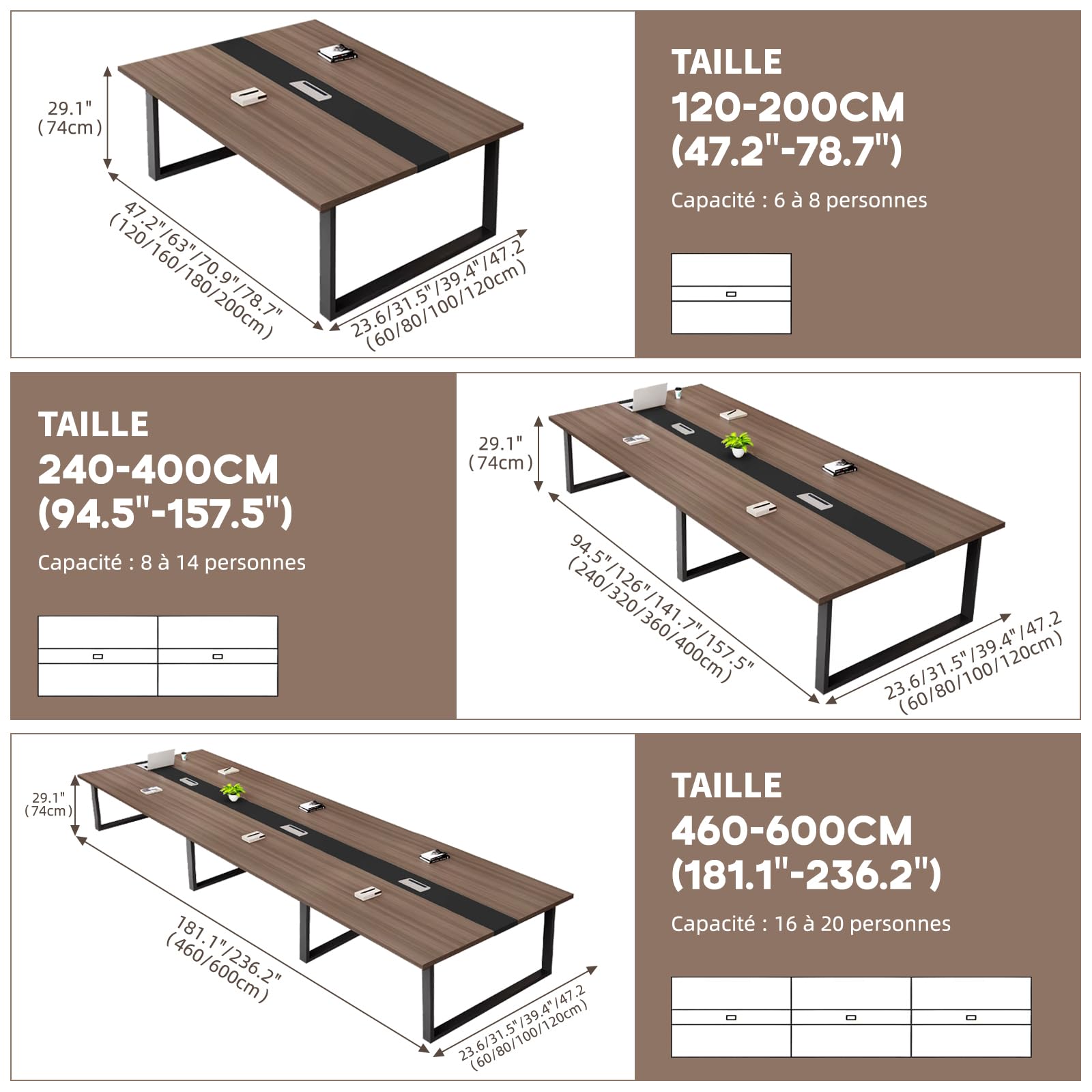 Table de Réunion Grande, Table de Conférence Rectangulaire, pour 8 à 12 Personnes, avec Gestion de Câbles et Structure en Métal Noir, Mobilier pour Bureau et Salle de Conférence