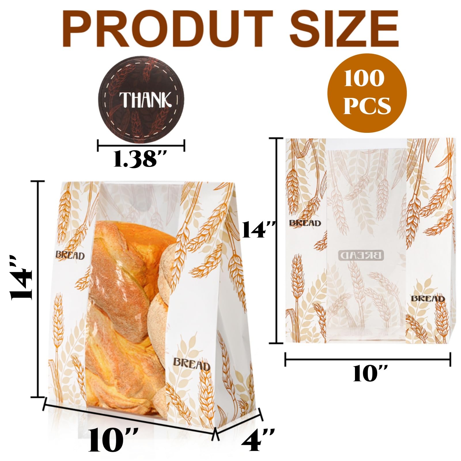 Paquete de 100 bolsas de papel para pan con ventana transparente, 10 x 14 x 4 pulgadas, bolsa de pan casera con calcomanías, bolsas grandes de panadería, bolsa de almacenamiento de pan de masa