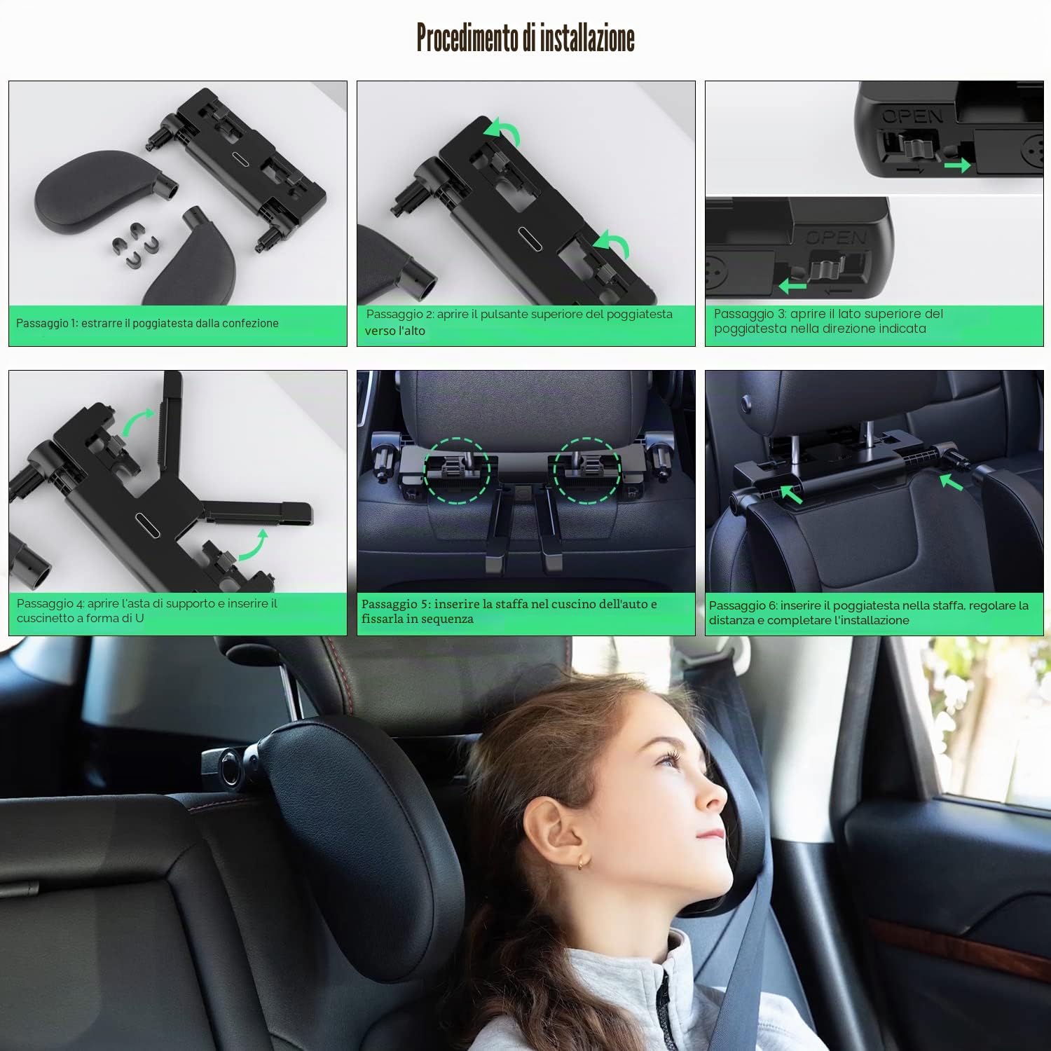 Poggiatesta per Auto per Bambini, Cuscino per Poggiatesta per Auto, Cuscino per Seggiolino Auto, Supporto per Collo Staccabile Retrattile Cuscino
