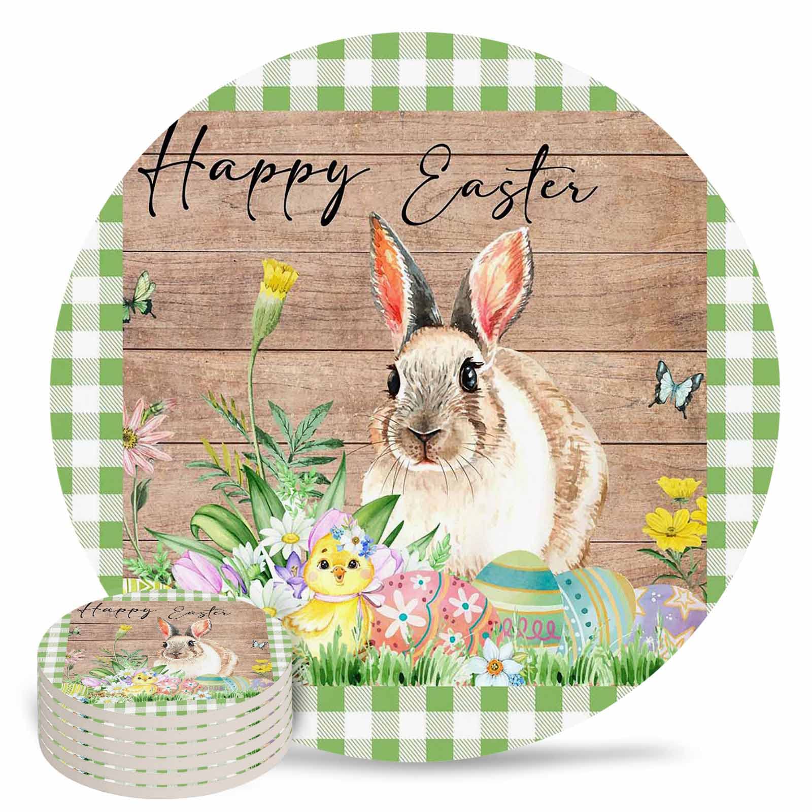 Coasters for Drinks Ceramic Cork Set of 6 Happy Easter Cute Bunny Chick Dream Art Egg Garden Green Plaid Wood Grain Absorbent Ceramic Drink Coaster for Bar Office Room Decor Housewarming Gift