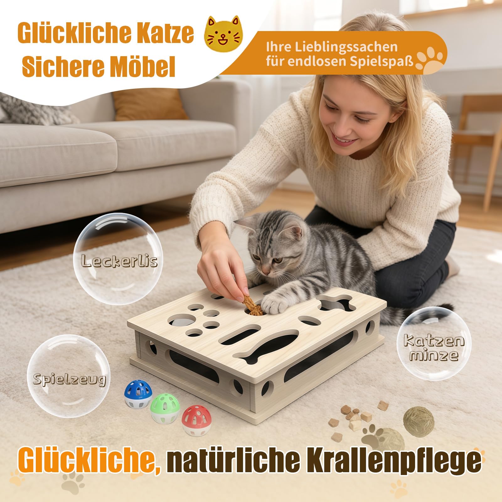 2-in-1 Kratzpuzzle mit Sandpapier, Interaktive Nagelfeilen-Box zur stressfreien Krallenpflege für Wohnungskatzen, Katzenspielzeug gegen Langeweile & Kratzbrett-Ersatz (Large)