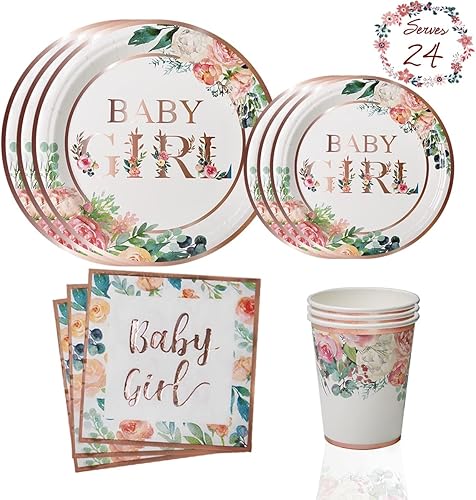 YARA Decoraciones de baby shower para niña, platos de papel florales de oro rosa y rosa, servilletas y tazas Suministros de fiesta boho para
