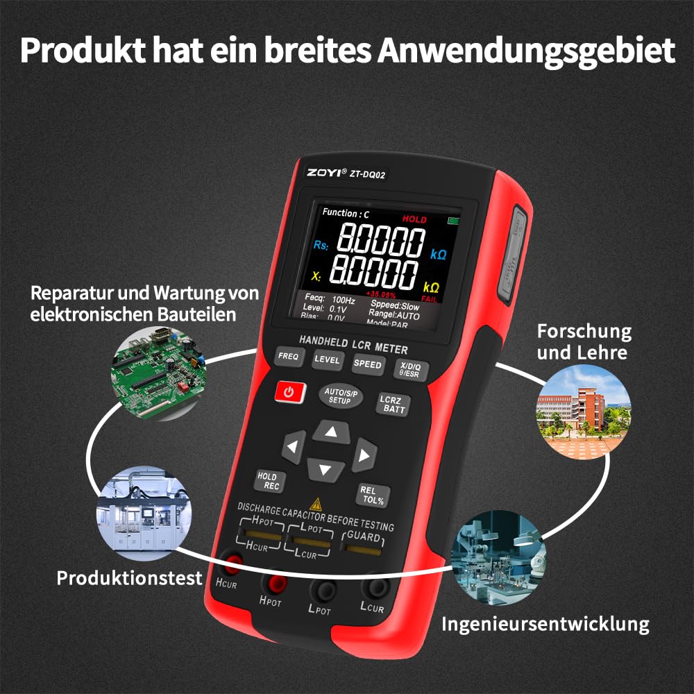 Handheld LCR Messgerät mit Batterie Innenwiderstandstester Präzisionsmultimeter für Kapazität/Induktivität, 4 Draht Kelvin Klemmen 100Hz–100kHz