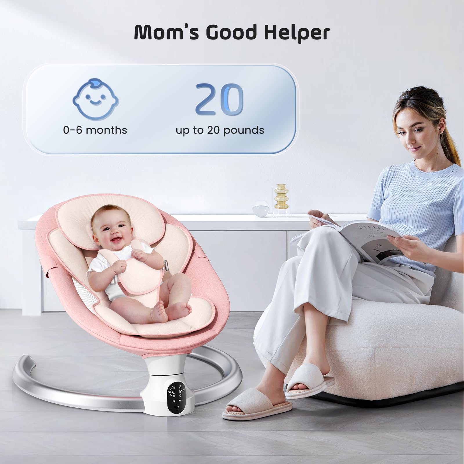 Helangel Altalena per neonati, dondolo elettrico per bambini con app e telecomando, imbracatura a 5 punti aggiornata, 10 musiche Bluetooth e 5 velocità, resiste a 9 kg