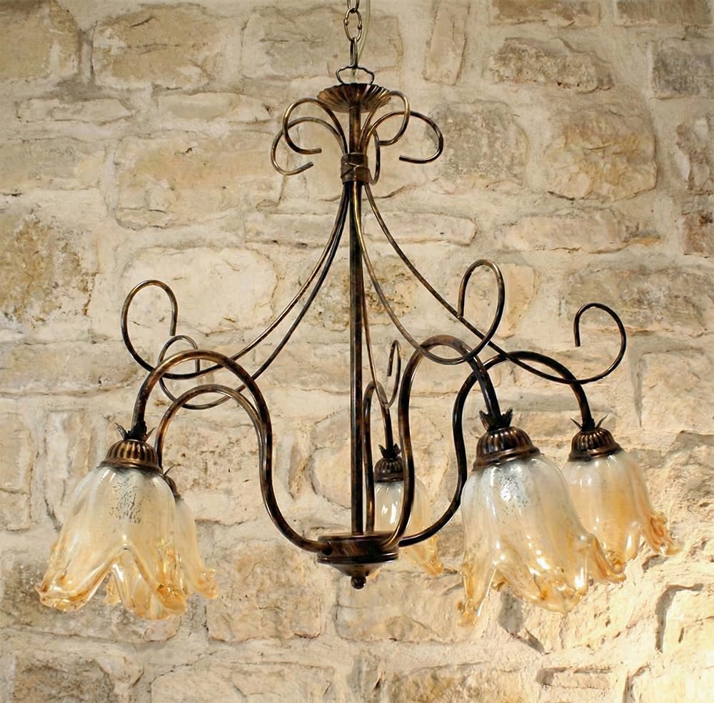 Generico Lampadario Classico in Ferro Battuto 5 luci e Vetri di Murano salotto, camera da letto Giorgia-5L