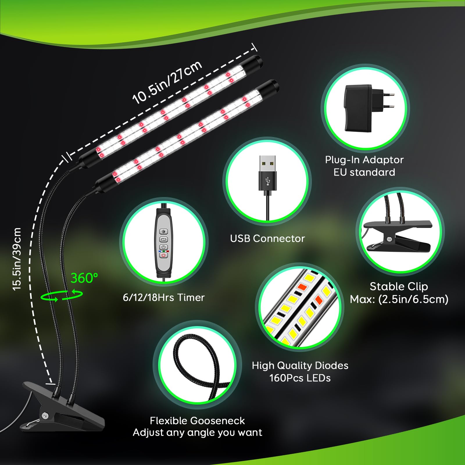 Lampa LED z 2 głowicami, pełne spektrum światła, lampa do roślin z programatorem czasowym, 3 tryby kolorów i 5 stopni ściemniania, lampa do wzrostu roślin wewnętrznych, roślin pokojowych