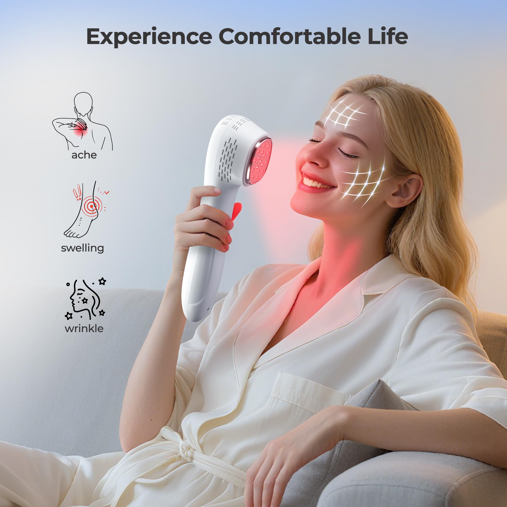 Morfone Handheld Red Light Therapy Devices - Near Infrared Light Therapy for Face & Body, 660nm 808nm Wireless Red Light Therapy Wand with Glasses for Knee, Wrist, Local Pain and Pets, Portable, White