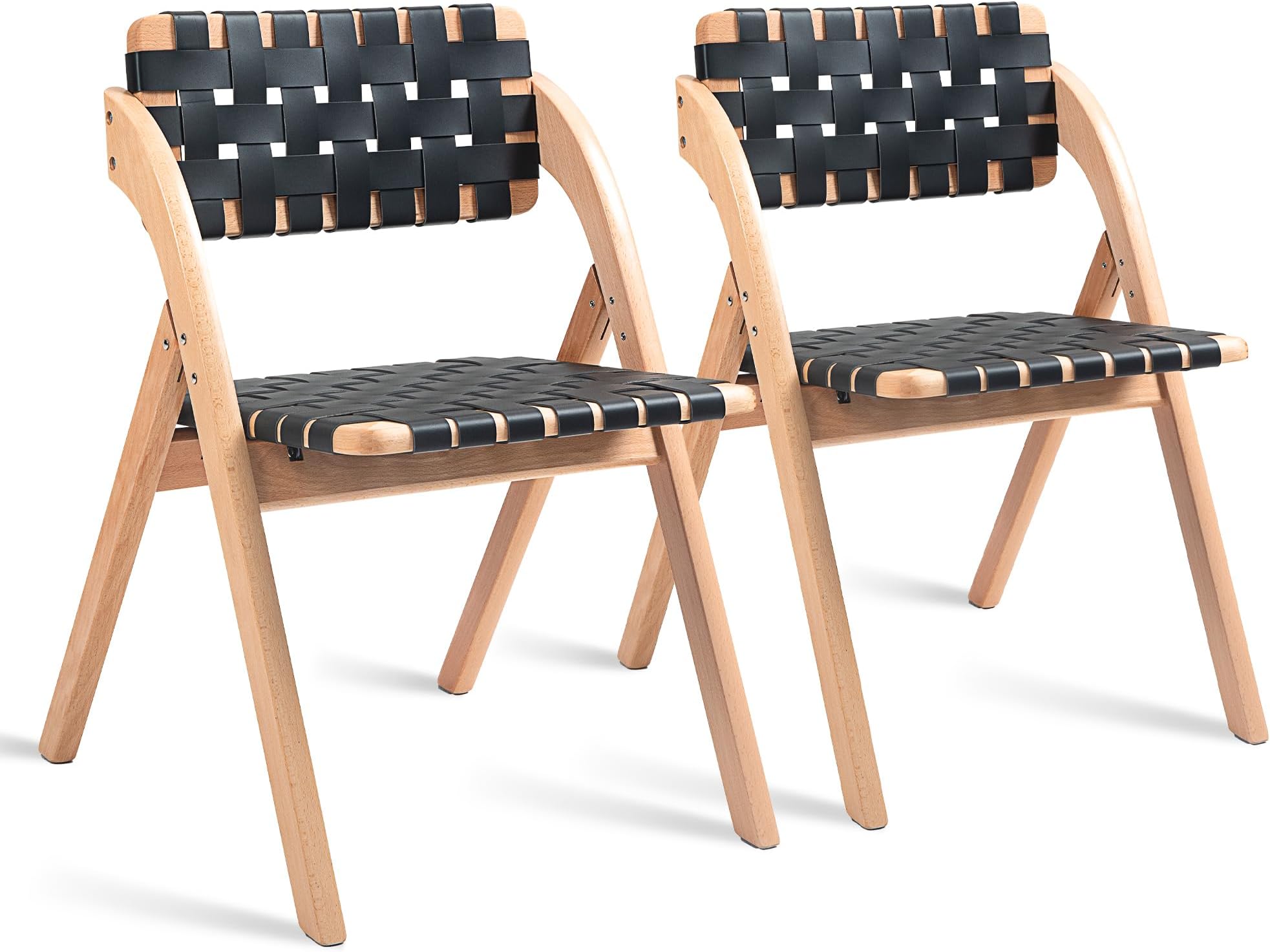 HOMEFUN Folding Dining Chairs Set of 2, Wooden Foldable Chair with Leather-Woven Backrest and Widened Seat Extra for Guests Kitchen Office Wedding Picnic Black