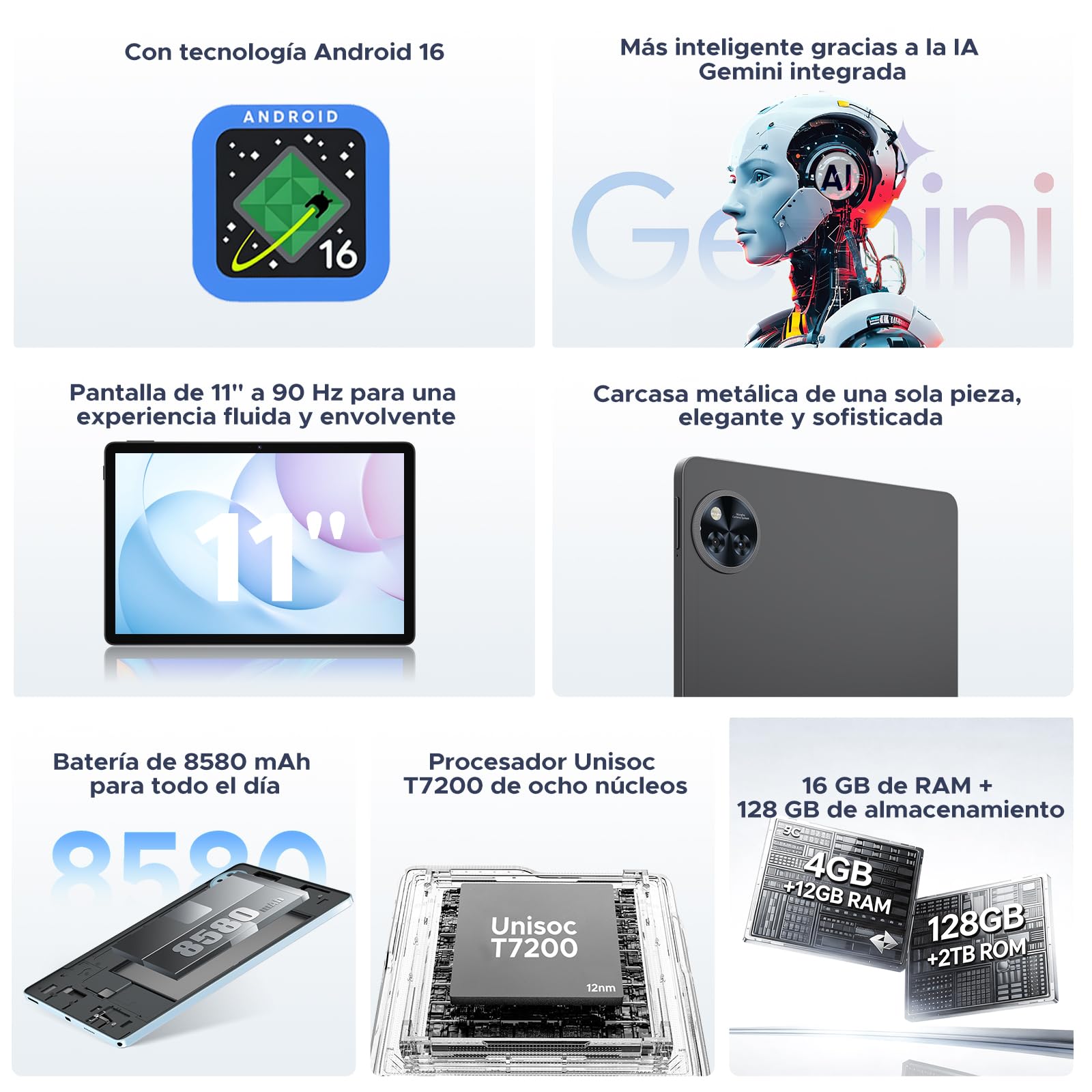 Tablet Android 16 11" con Gemini AI, 16GB+128GB(Ampliable 2TB TF), 8580mAh, Teclado+Lápiz Incl. Unisoc T7200 Octa-Core, 90Hz&13MP+5MP, WiFi 5G, Face ID, Widevine L1, GMS, GPS,OTG, Audio 3.5mm