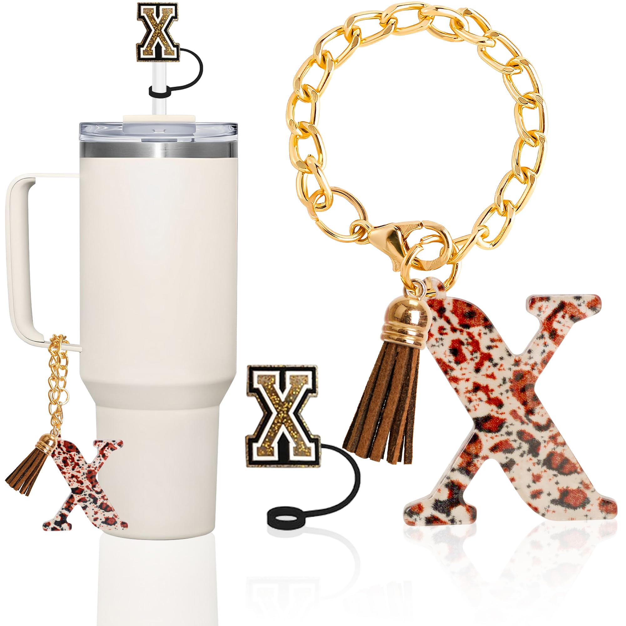Leopard X Charm & Straw Toppers for Tumbler - Initial Name ID Letter Stanley Accessories - Personalized Handle Charm and Straw Cover for 10mm and 30&40 oz Stanley Yeti Tumbler