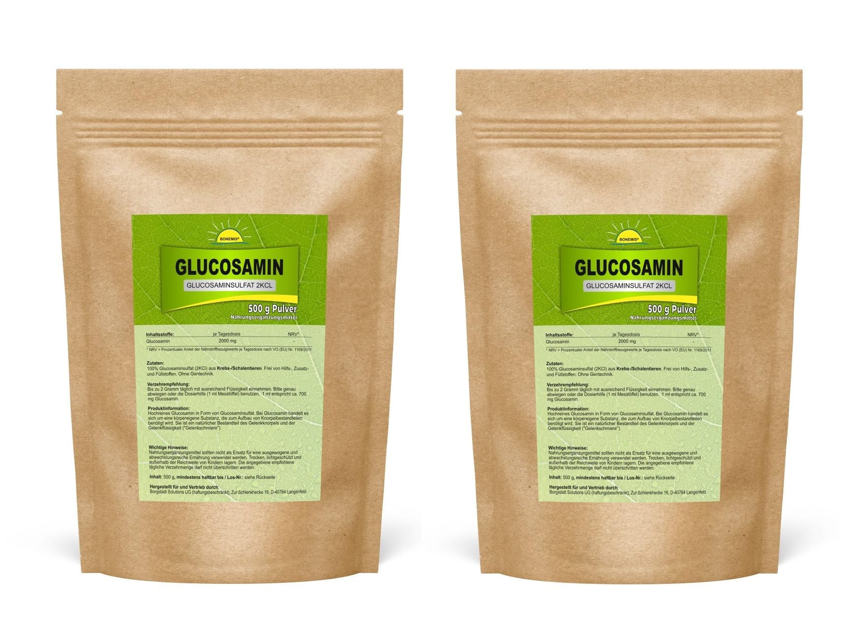 Glucosamin, Pulver, 1 kg (2 Beutel à 500 g), Premiumqualität ohne Zusatzstoffe (Glucosaminsulfat 2KCl), Standbodenbeutel aus Kraftpapier (aluminiumfrei!)
