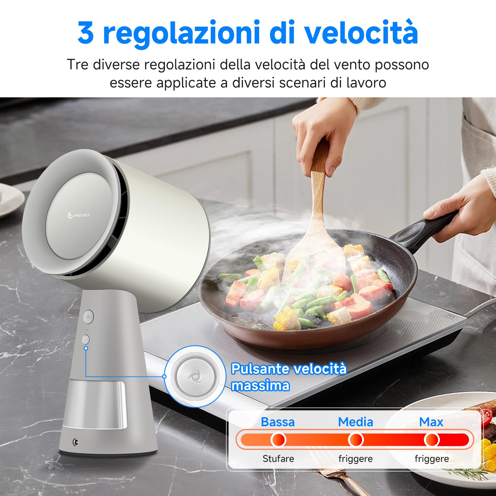 AMZCHEF Cappa Aspirante Portatile,Cappa Cucina con Ventola a 3 Velocità, Luce LED, Bassa Rumorosità, Aspirazione 120m³/h, Ventola da Cucina per Barbecue Indoor, Hot Pot, bianco