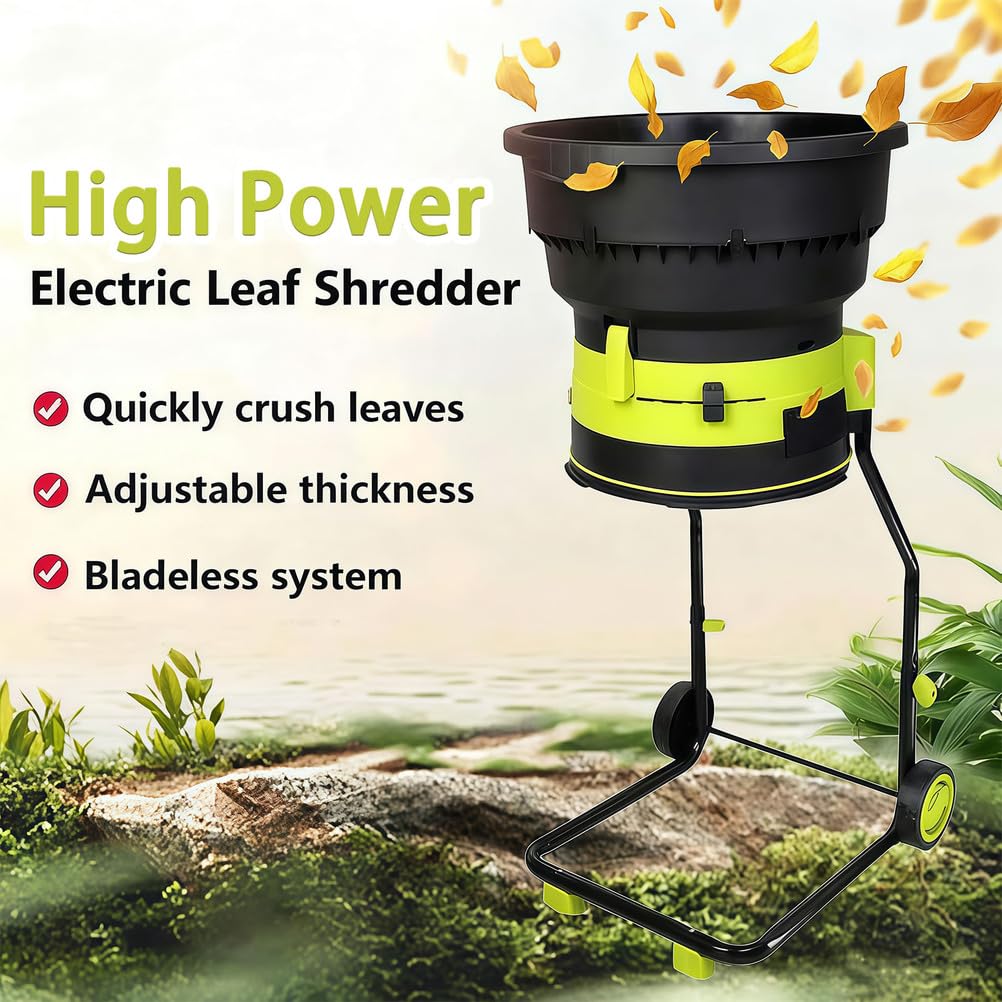 Trituradora eléctrica de hojas con ruedas y bolsa de almacenamiento, tolva de 54 cm para compostar agujas de pino, paja y desechos de jardín, duradera y eficiente