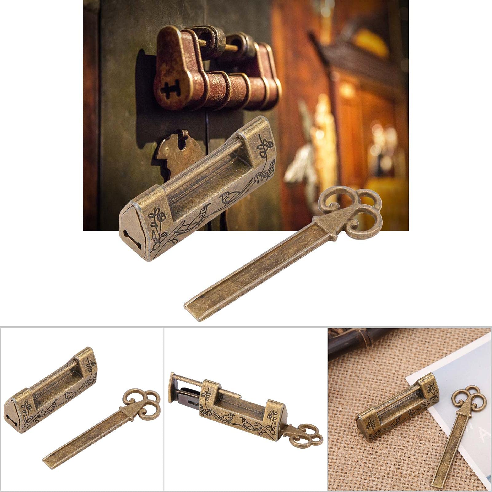 Amazon | アンティークチャイニーズロックとキーフラワーバード南京錠