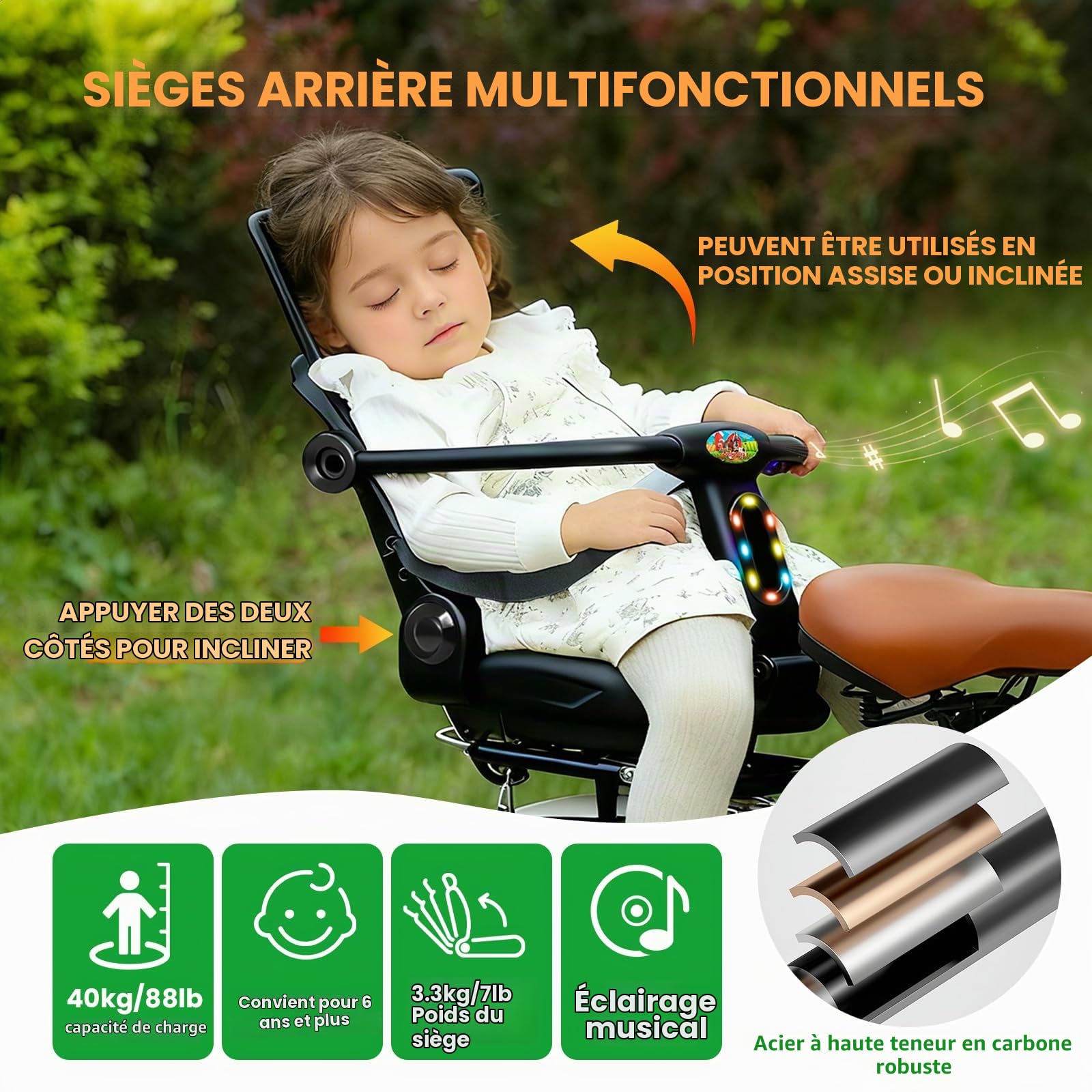 auvstar Siege Velo Enfant Arriere,Siege Velo Bebe,avec Dossier,Barrières de Sécurité et Repose Pieds,Convient aux Enfants âgés de 5 Ans et Plus,Peut être Utilisé pour s'asseoir ou s'allonger Noir