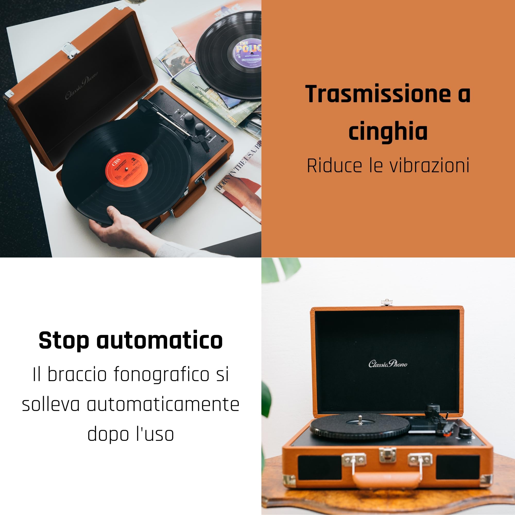 Classic Phono TT-10BN - Giradischi stile valigia con altoparlanti - Funzione di autospegnimento - 3 velocità - Trasmissione a cinghia - Ingresso AUX - Uscita linea - Marrone