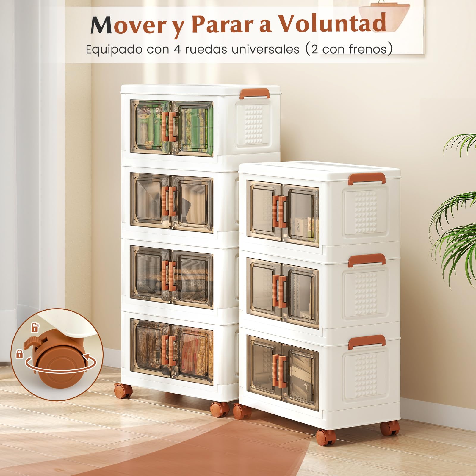 COSTWAY Caja de Almacenamiento Plegable 57 L, Paquete de 3 Contenedores de Almacenaje de Plástico con Puertas de Apertura Frontal, Cajas de Almacenaje Apilables con 4 Ruedas, para Dormitorio