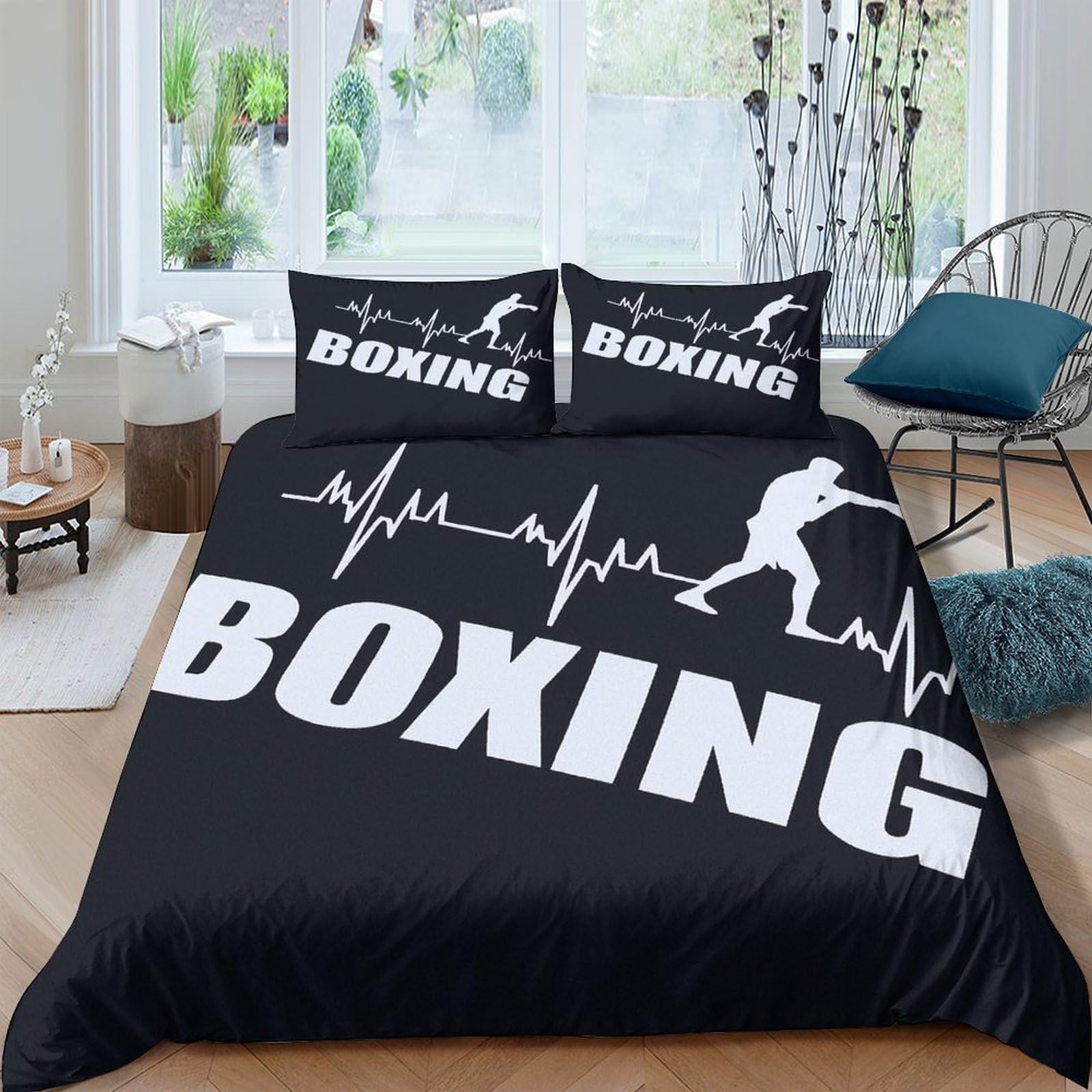 Ctjqhvkz Style-3 3D Printed Boxing Athlete Fitted Sheet Microfiber Black Sports Heartbeat Bed Cover For Bedroom Dorm Mattress Decor Single（135X200cm）