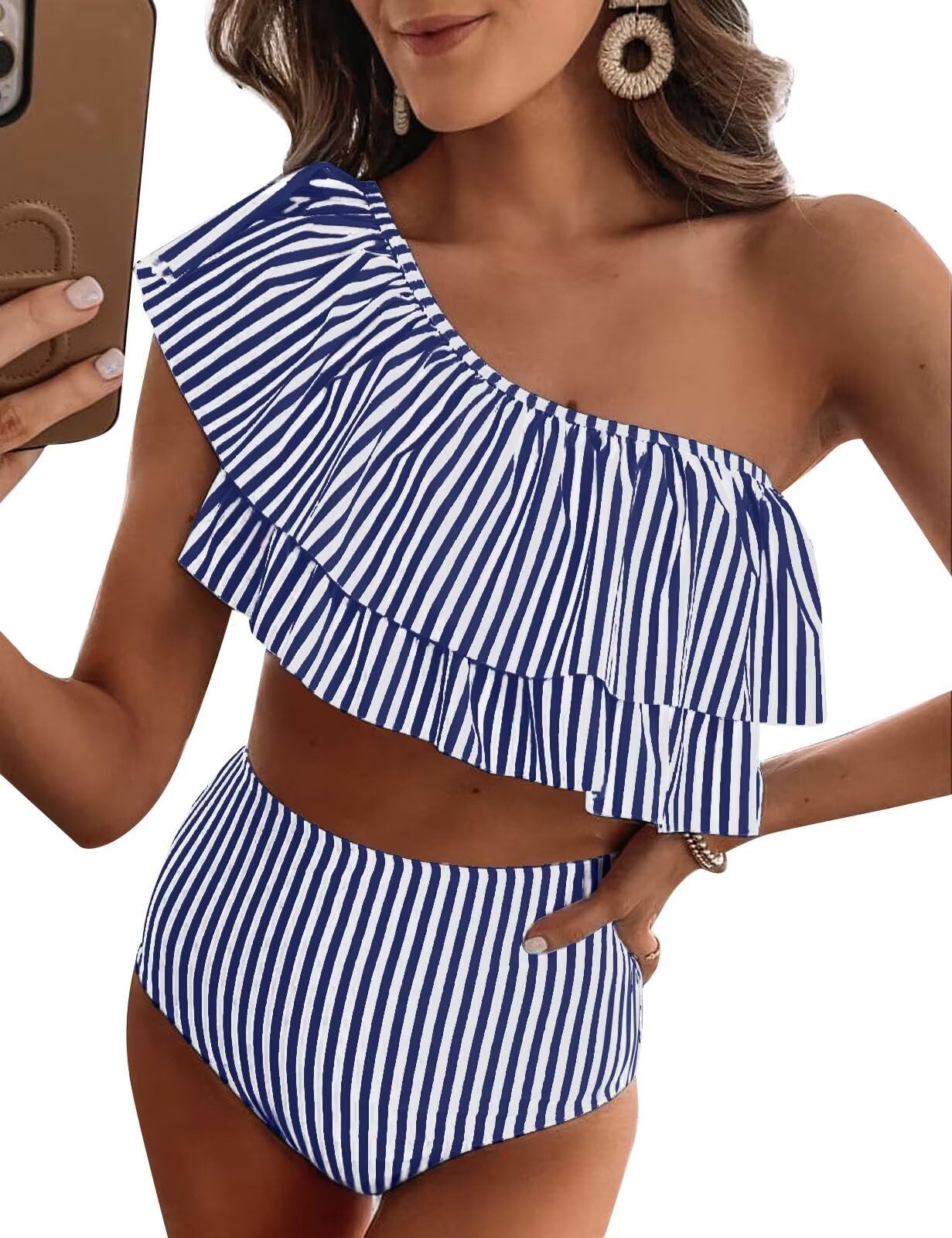 VIMPUNECRuffle One Shoulder Swimsuits for Women Striped High Waisted Two Piece Bathing Suits