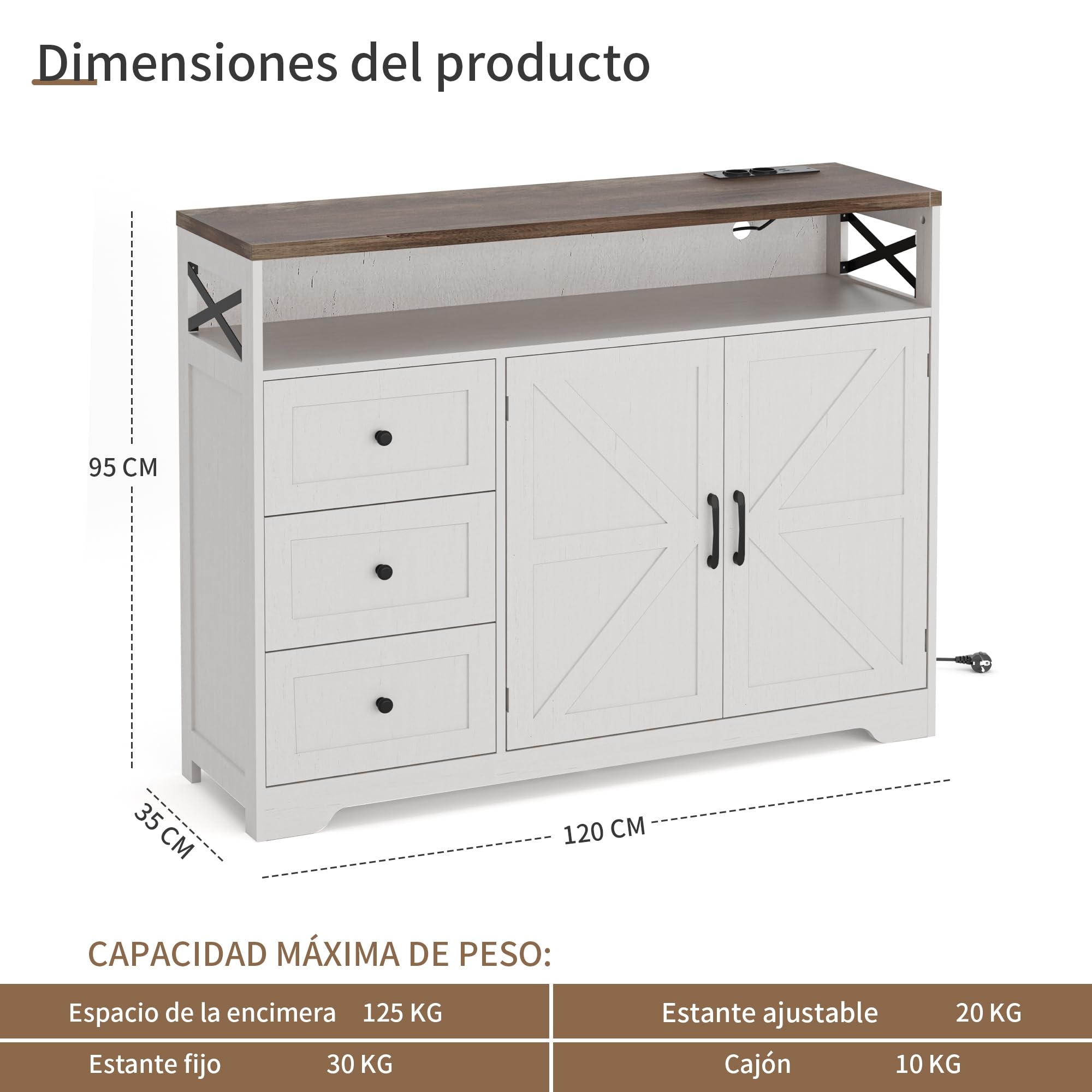 BonVache Aparador de cocina con cajones, armario de almacenamiento, armario con estante abierto, armario para cocina, comedor, salón, 120 x 35 x 95 cm, color blanco