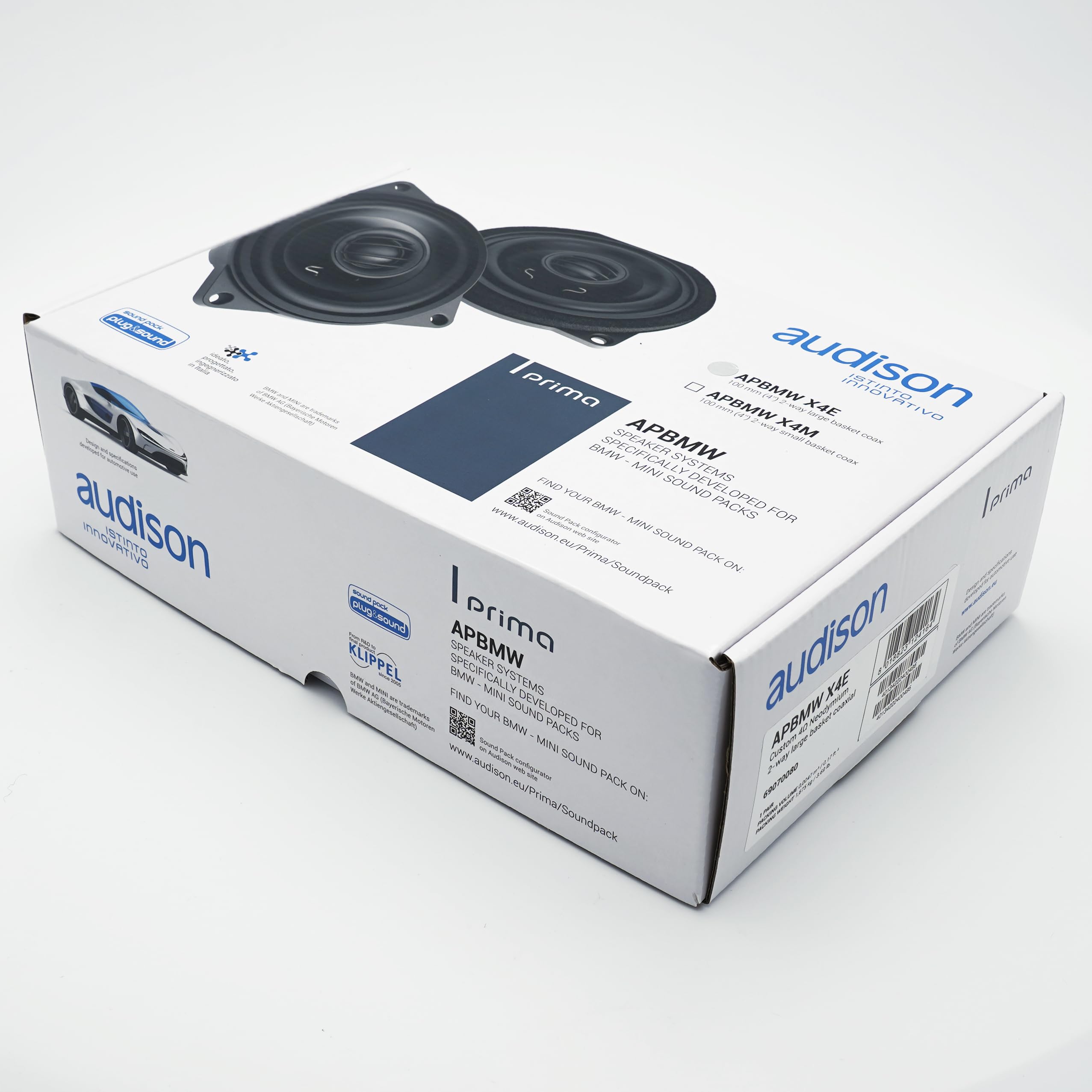 Audison APBMW X4E - Coppia di altoparlanti coassiali a 2 vie da 100 mm per BMW e Mini, compatibile con large basket, installazione Plug & Play con tweeter integrato e componenti dedicati, 80W max