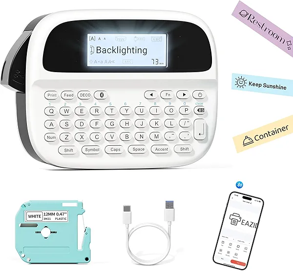 Rechargeable Label Maker Machine with-Tape, Bluetooth Label Maker Waterproof-Labels, Portable Labeler, Labeling Machine with Backlit LCD, QWERTY Keyboard & APP Connectivity for Home Office School Use