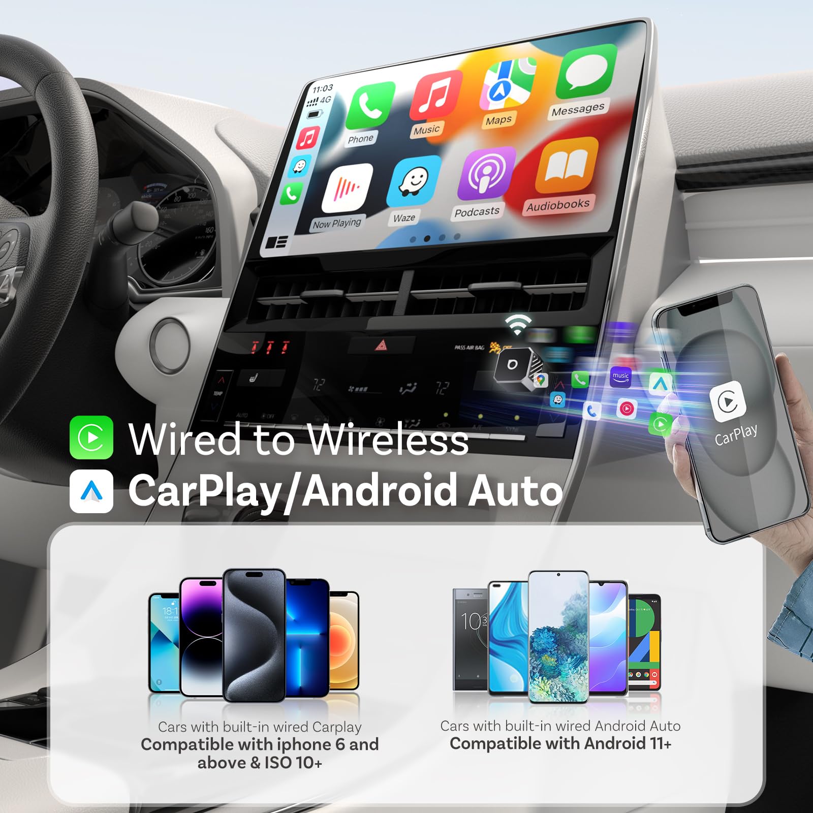 OTTOCAST Mini Pot 2026 Upgraded, 2 w 1 CarPlay i Android Auto Wireless adapter do iOS 10+/Android 11+, Plug & Play, USB/Typ-C, Upgrade, konwertuje przewodowy na bezprzewodowy, srebrny