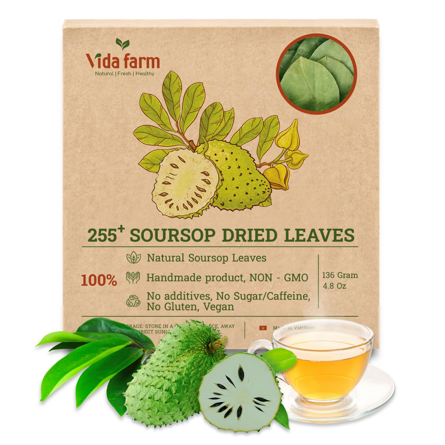 VIDA FARM 255+ Soursop Leaves Tea - Graviola Guanabana Large Dried Leaves - Handpicked, Green Color - 100% Natural - Vacuum- Sealed for Freshness