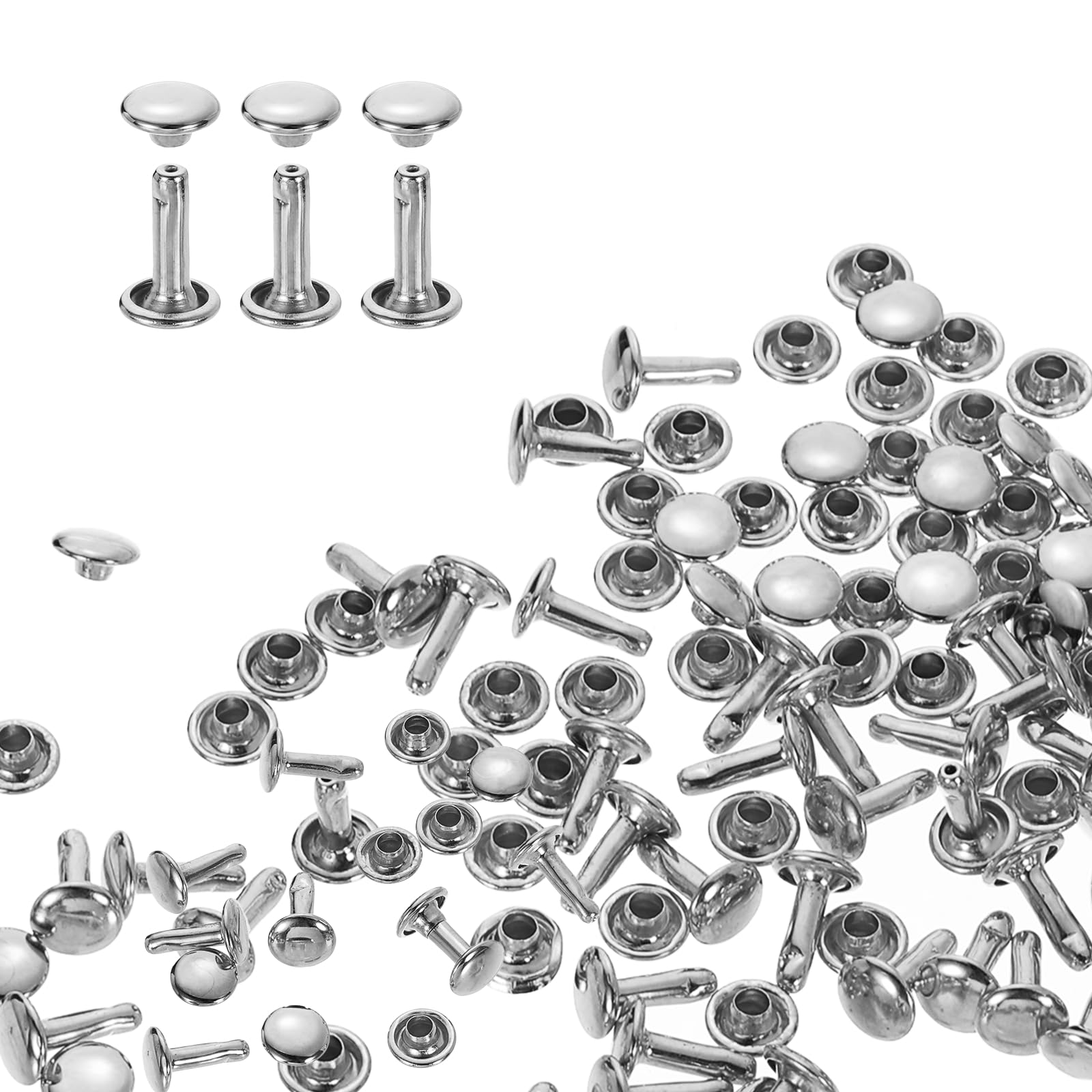 sourcing map 80 Sets Double Cap Rivets 7x10mm Carbon Steel Round Head Snaps Studs Fasteners Tubular Metal Studs for Leather Craft Repairs Decoration, Silver
