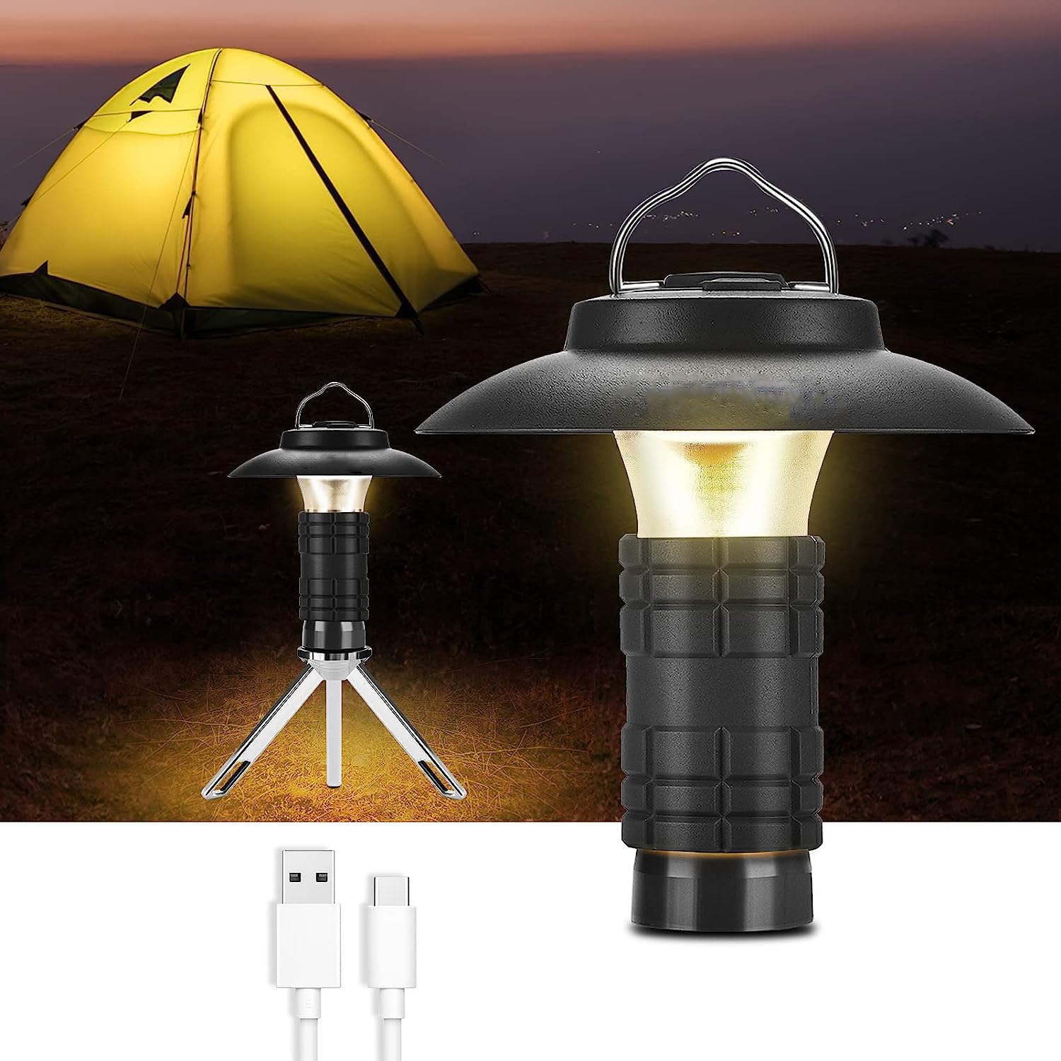 LED Camping Lantern Hanging, Vintage Tent Light with Clip Hook Rechargeable, Portable Waterpoor Outdoor Emergency Light Flashlight for Home, Hiking, Outages