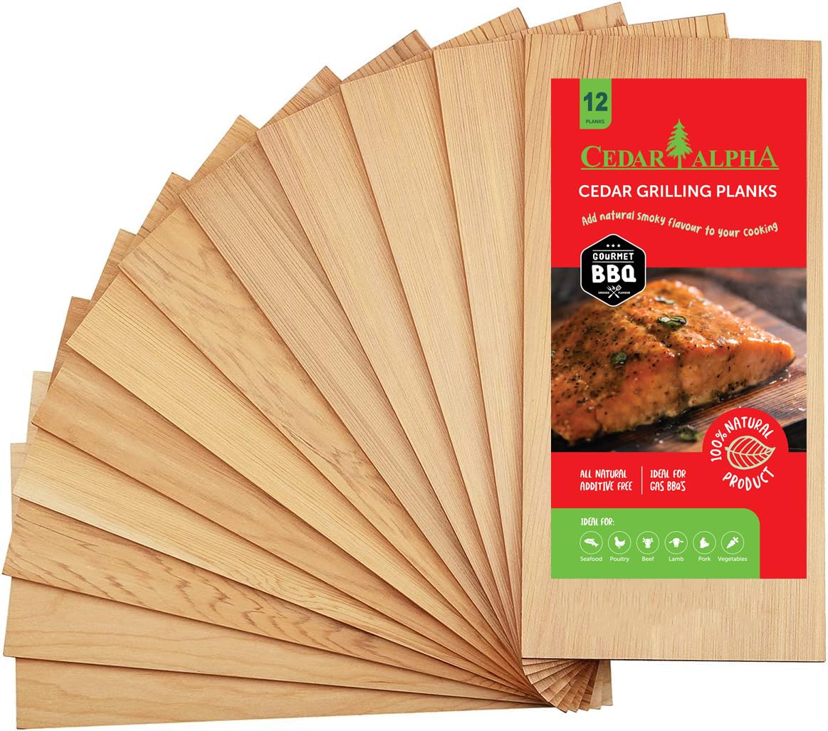 CEDAR ALPHA 12 Pk Cedar Planks for Grilling Salmon, Meat Fish and Veggies. Adding Extra Smoke and Flavor, Soaking Fast, Cedar Grilling Planks for Clearance(11"X5", Natural Cedar Wood) — image 1