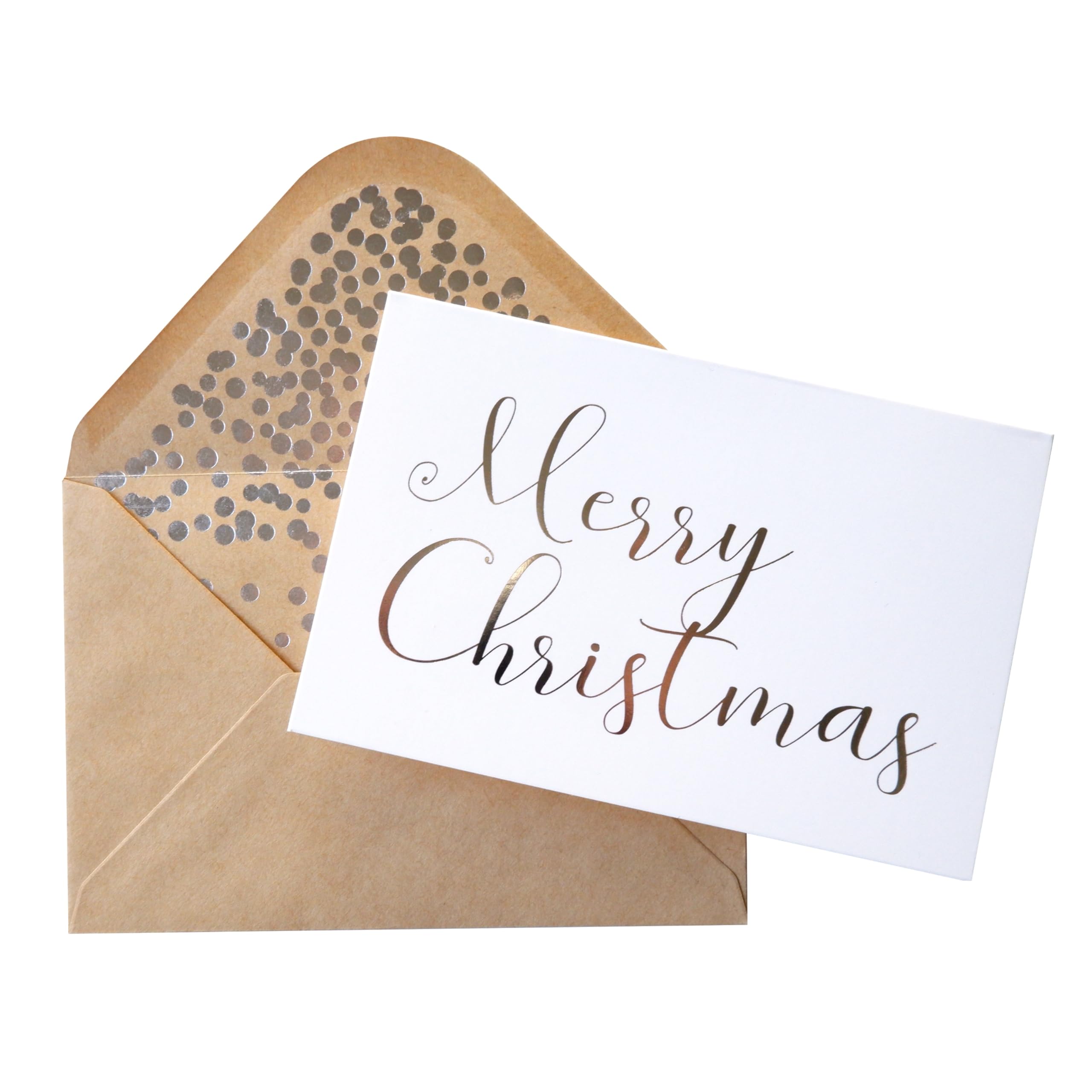 Tarjetas de Navidad plateadas, paquete de 50 tarjetas de felicitación blancas de Feliz Navidad en acabado mate con letras plateadas, incluye 52 sobres de papel kraft de confeti de lámina plateada, 4 x