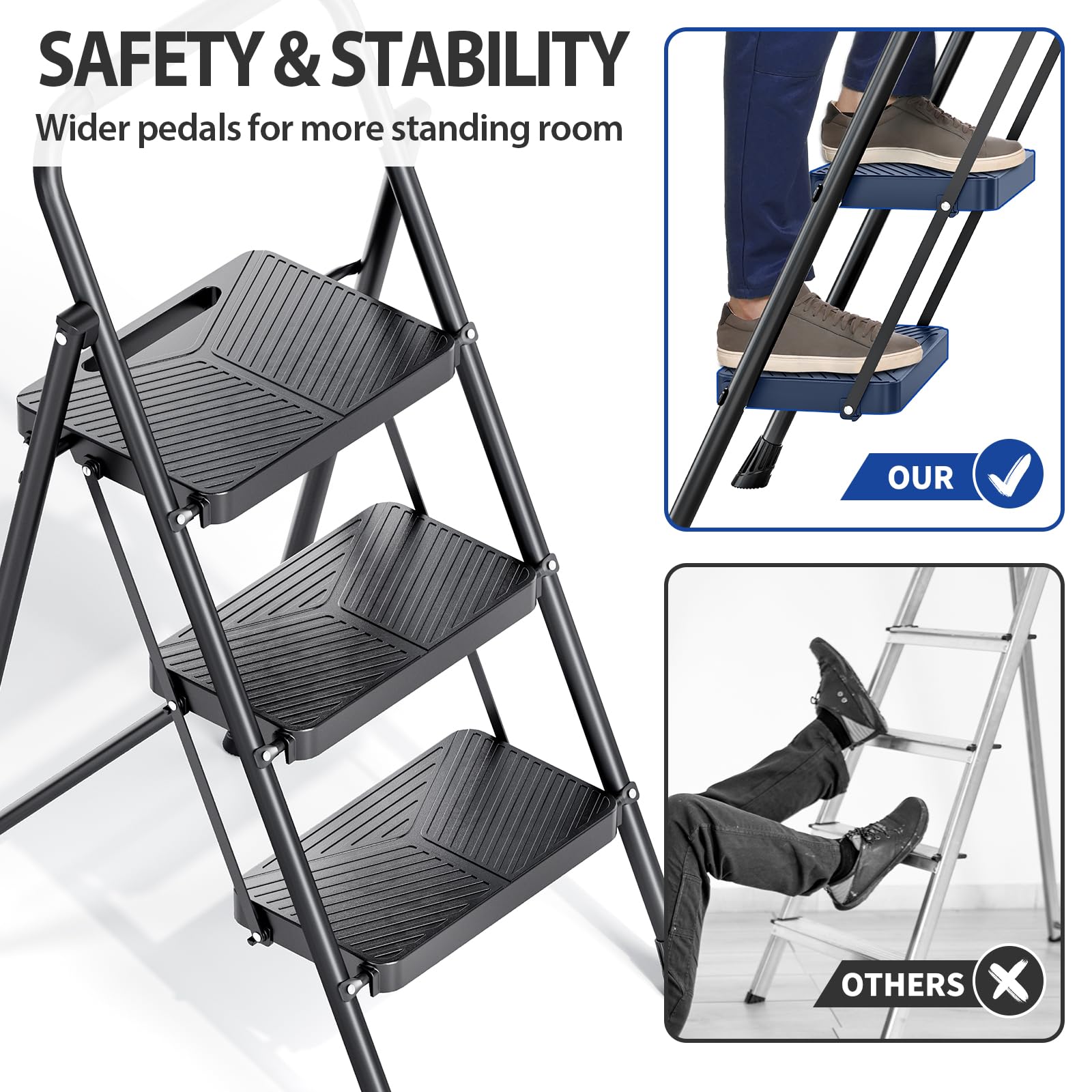 KINGRACK Scala a 3 gradini, scala pieghevole in acciaio con corrimano, pedali larghi antiscivolo, design con blocco di sicurezza, scala resistente per carichi fino a 226 kg, scala portatile per uso