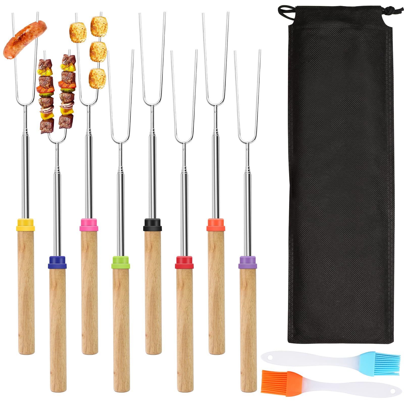 Marshmallow - Set di 8 forchette da barbecue con spazzole in silicone, forchetta estensibile con manico in betulla, forchetta estensibile a forma di U, per barbecue, campeggio, picnic (31-81 cm)