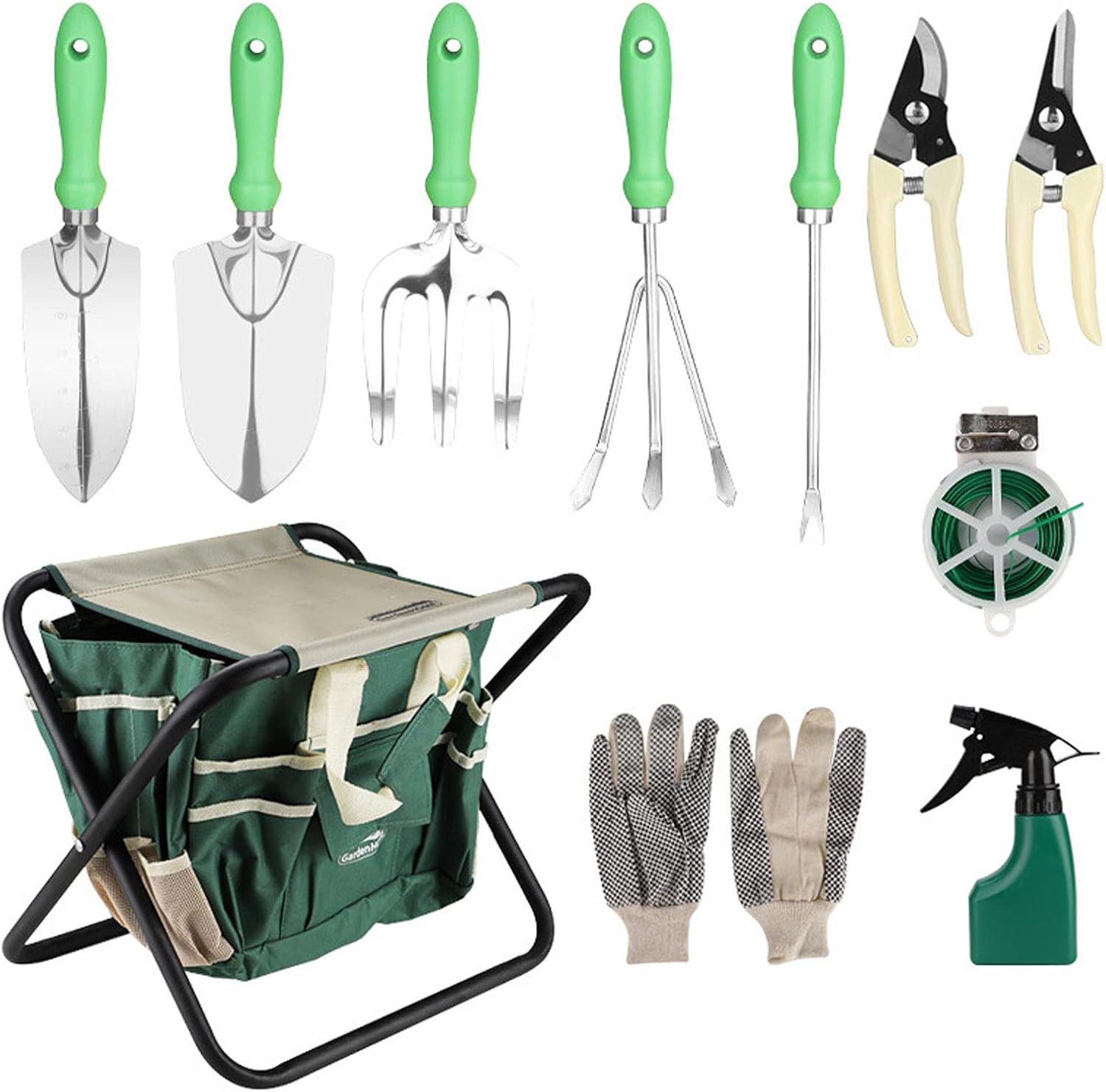 Hao-zhuokun Juego de 12 Herramientas de Mano para jardinería con Bolsa de Almacenamiento de jardín y Taburete Plegable Que,Mejor Set de Regalo de jardinería,Verduras Kit de Herramienta de jardín