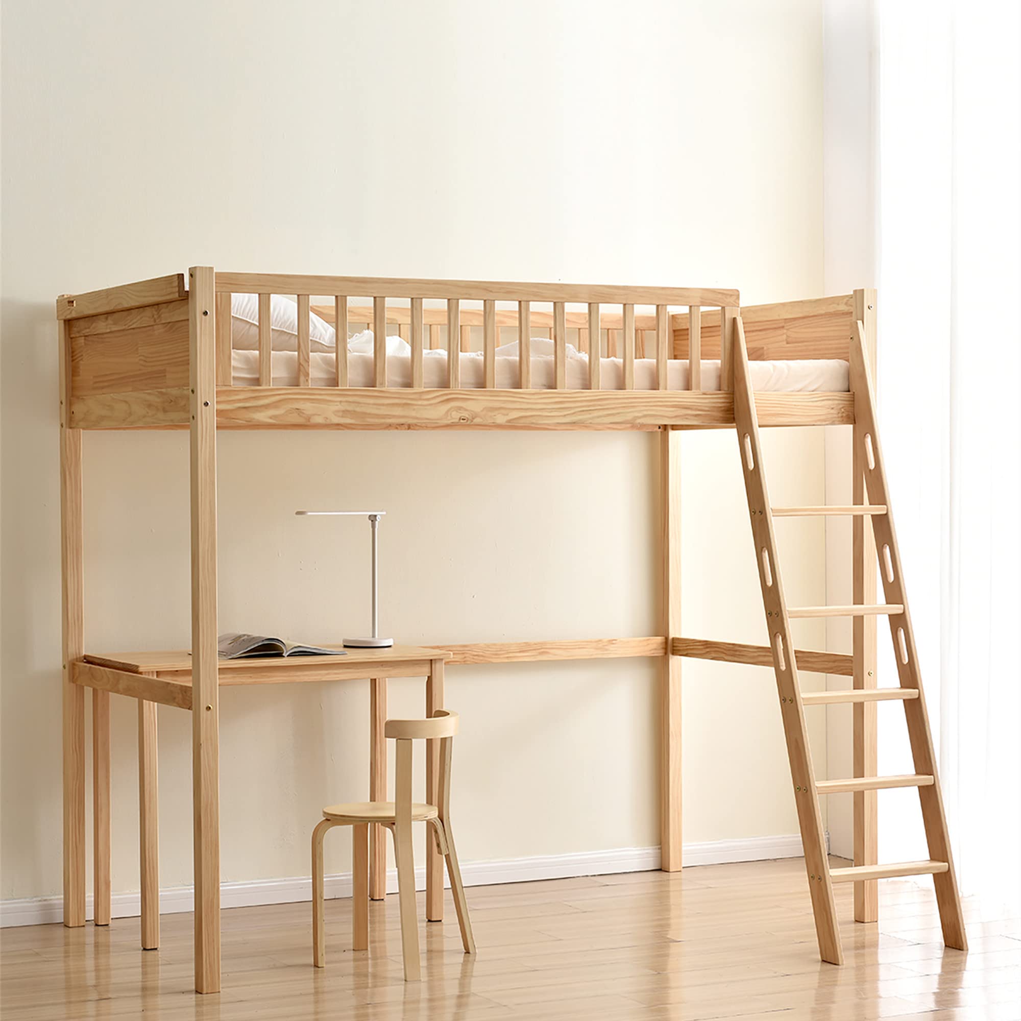 ロフトベッド デスク付き高いベッドシングル天然木 コンセント付き木製