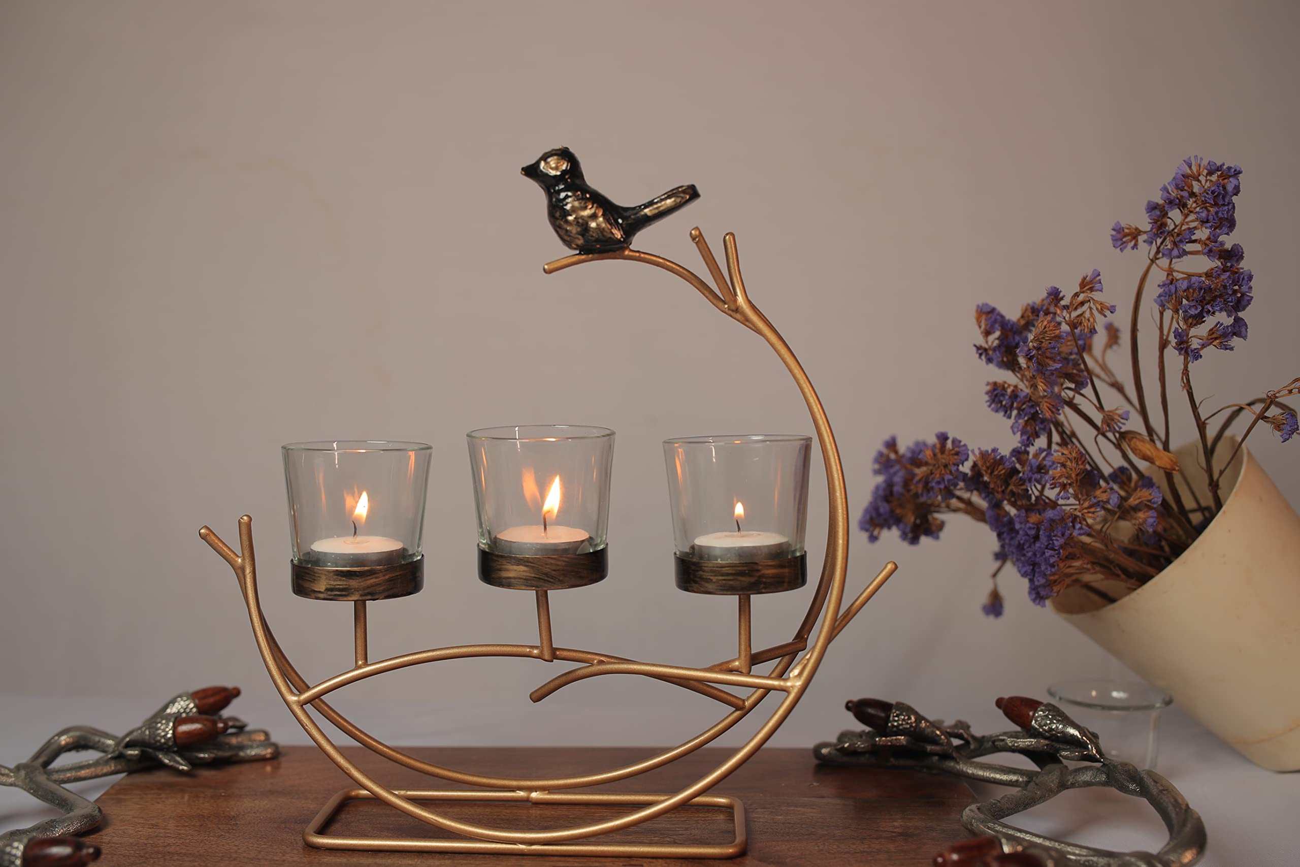 Bird on a Stick Triple Glass Votive- Home Decor Tabletop Tealight Holder