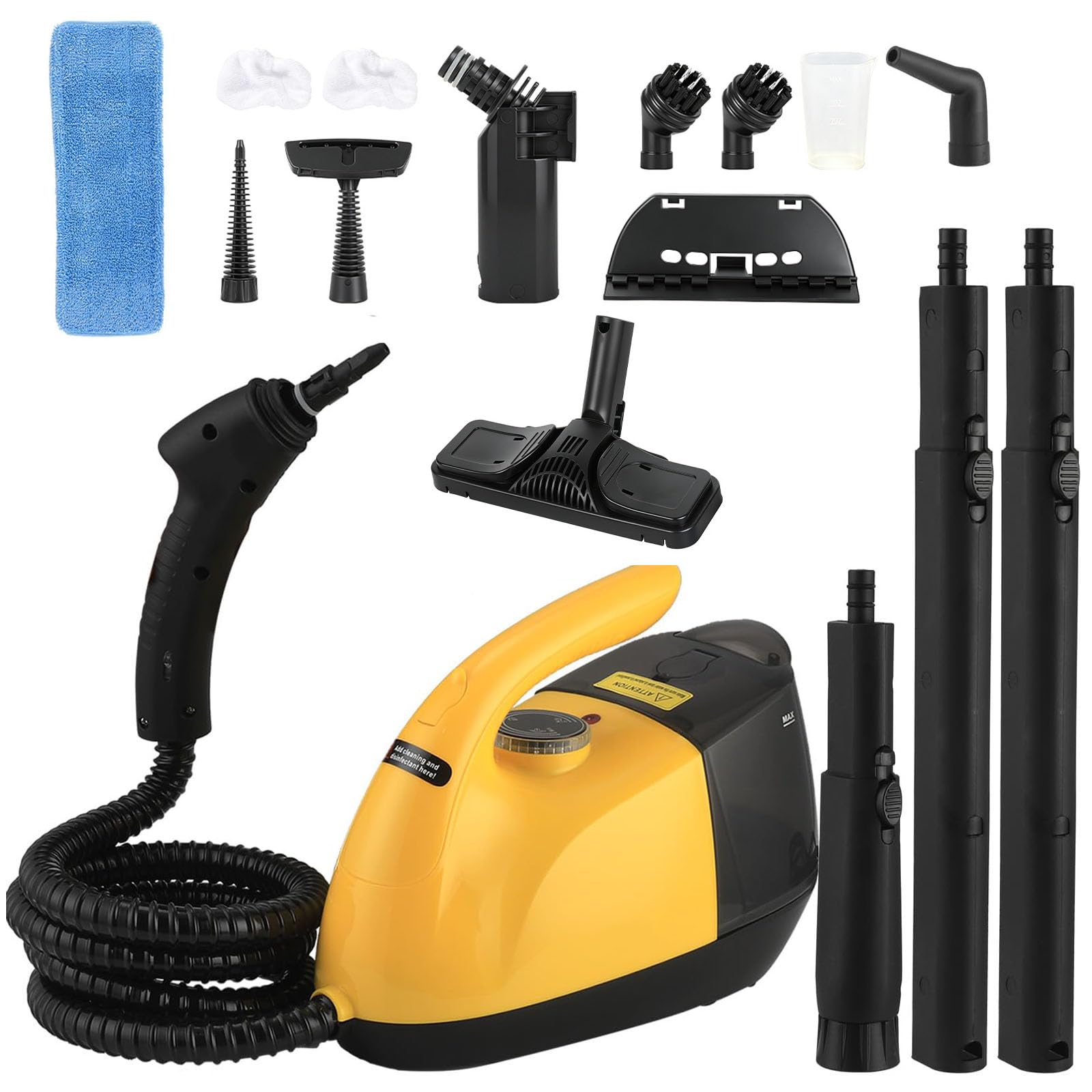 Pulitore a vapore 1800 W, 2-in-1 Scopa a vapore multifunzionale con 900 ml, accessori da 11 pezzi, vapore caldo 165 °C, tempo di 30 secondi, pulizia di cucina, forni, tappeti, divani
