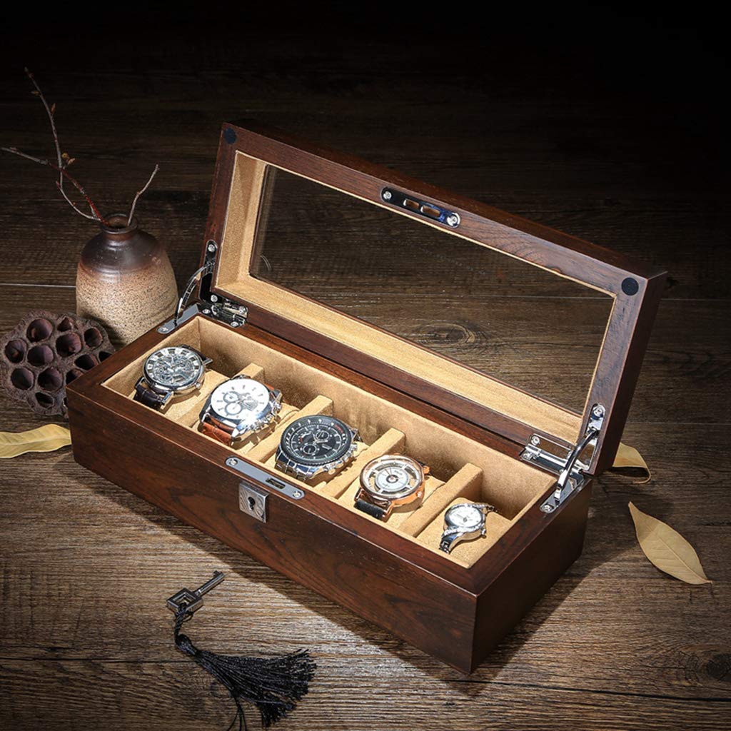 Scatola portaoggetti per orologi, in legno per 5 orologi, scatola da collezione di gioielli con serratura e coperchio in vetro, perfetta per uomini e donne, 30 x 12 x 10 cm